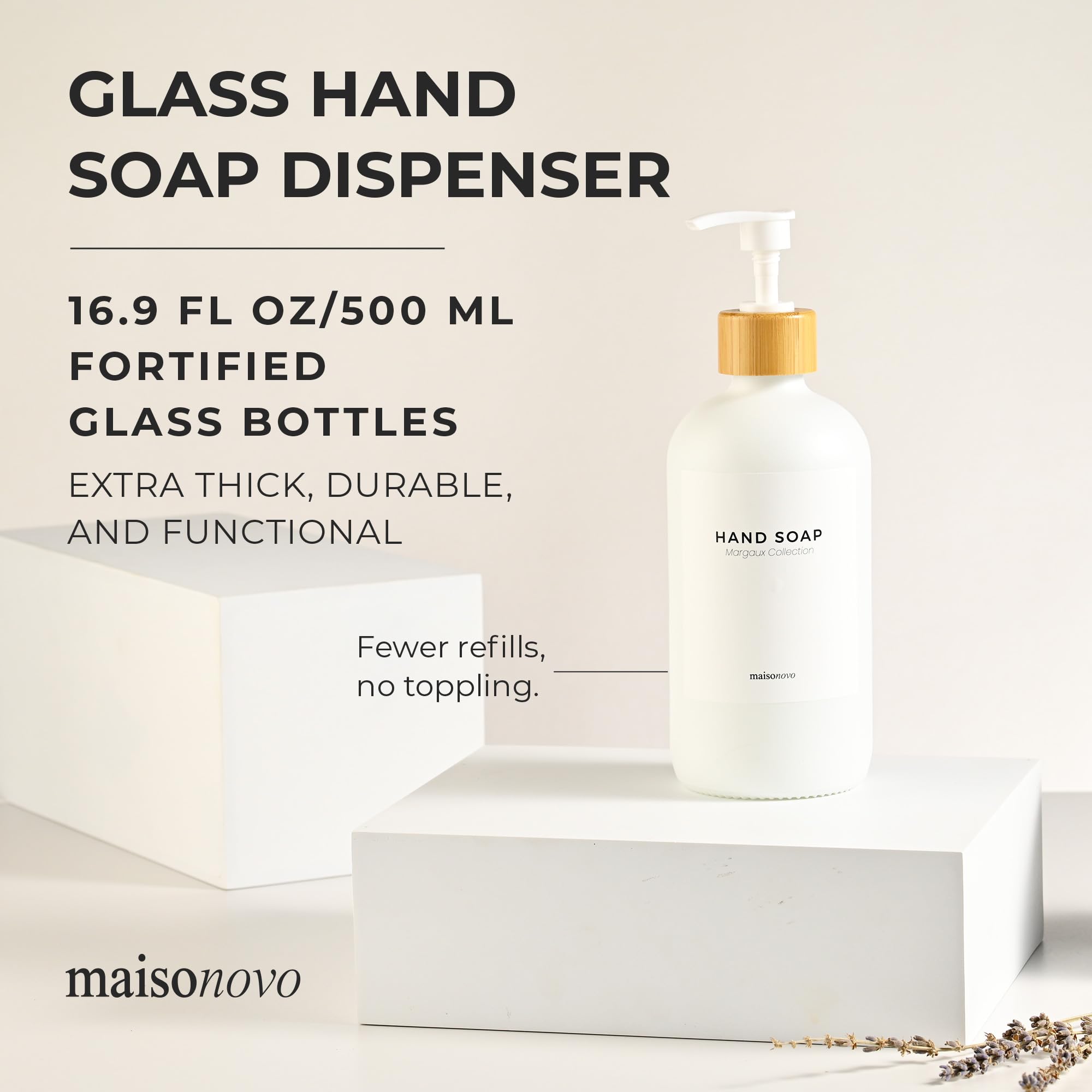 Maisonovo Hand Soap Dispenser | 16.9 Fl Oz Glass White Soap Dispenser With Bamboo Pump