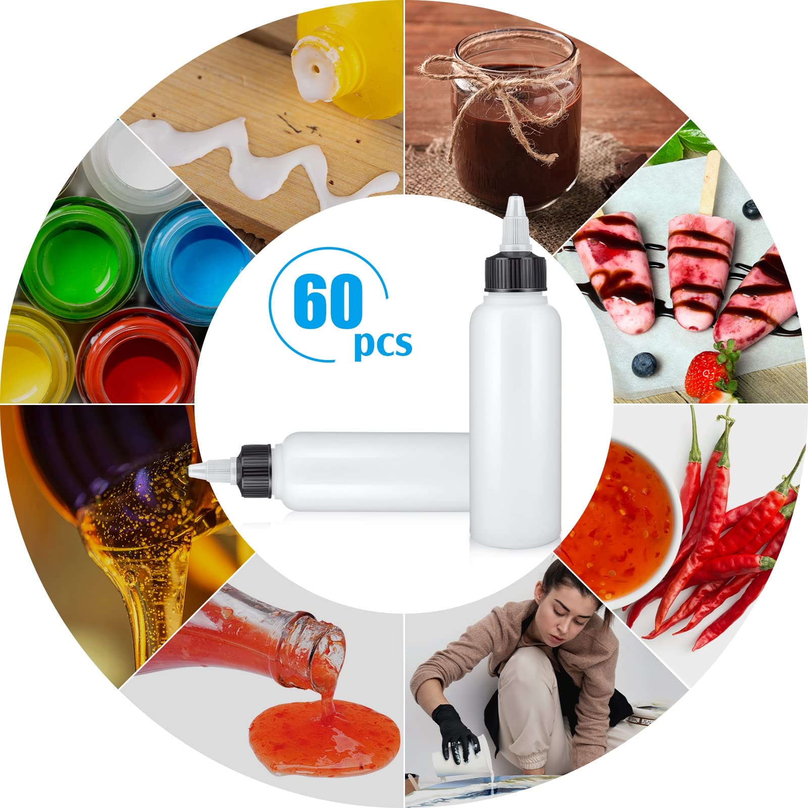 60 Pieces Plastic Squeeze Bottles 4 Oz Condiment Dispensing Bottles With Twist Top Cap Sauce Squirt Empty Squeeze Bottles For Co