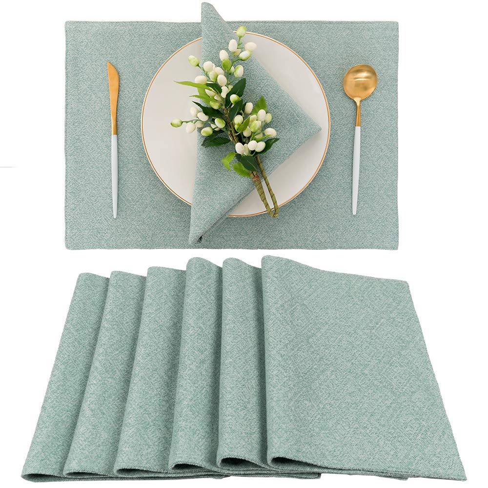 Teal Fabric Placemats Set Of 6 - Spring Garden Home Farmhouse Thick Indoor Washable Table Mats For Kitchen/Dining, 13 X 19 Inch