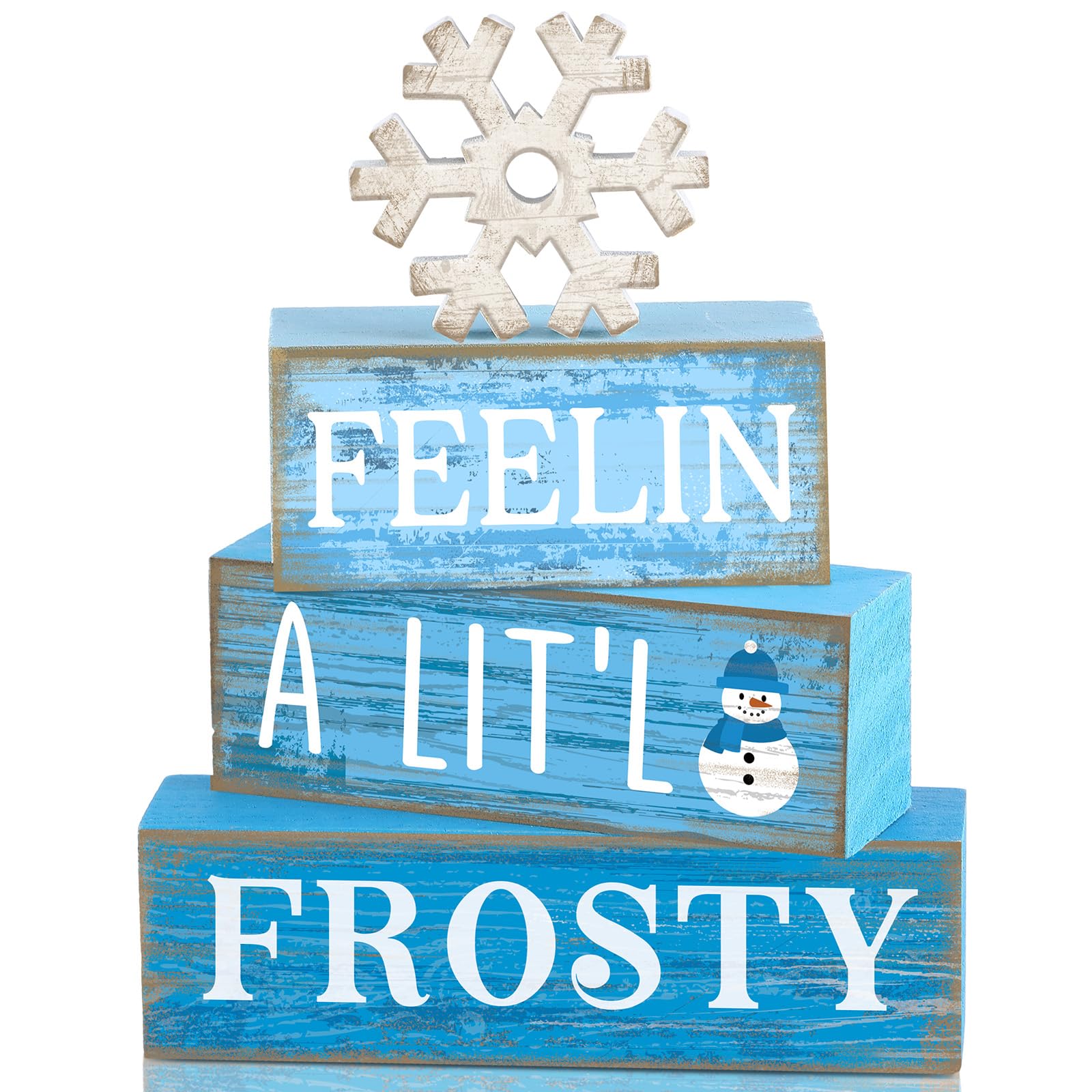 Yuntau 4 Pcs Winter Wooden Tabletop Decor Christmas Snowflake Tiered Tray Decor Rustic Wood Block Sign Gift Winter Centerpiece f