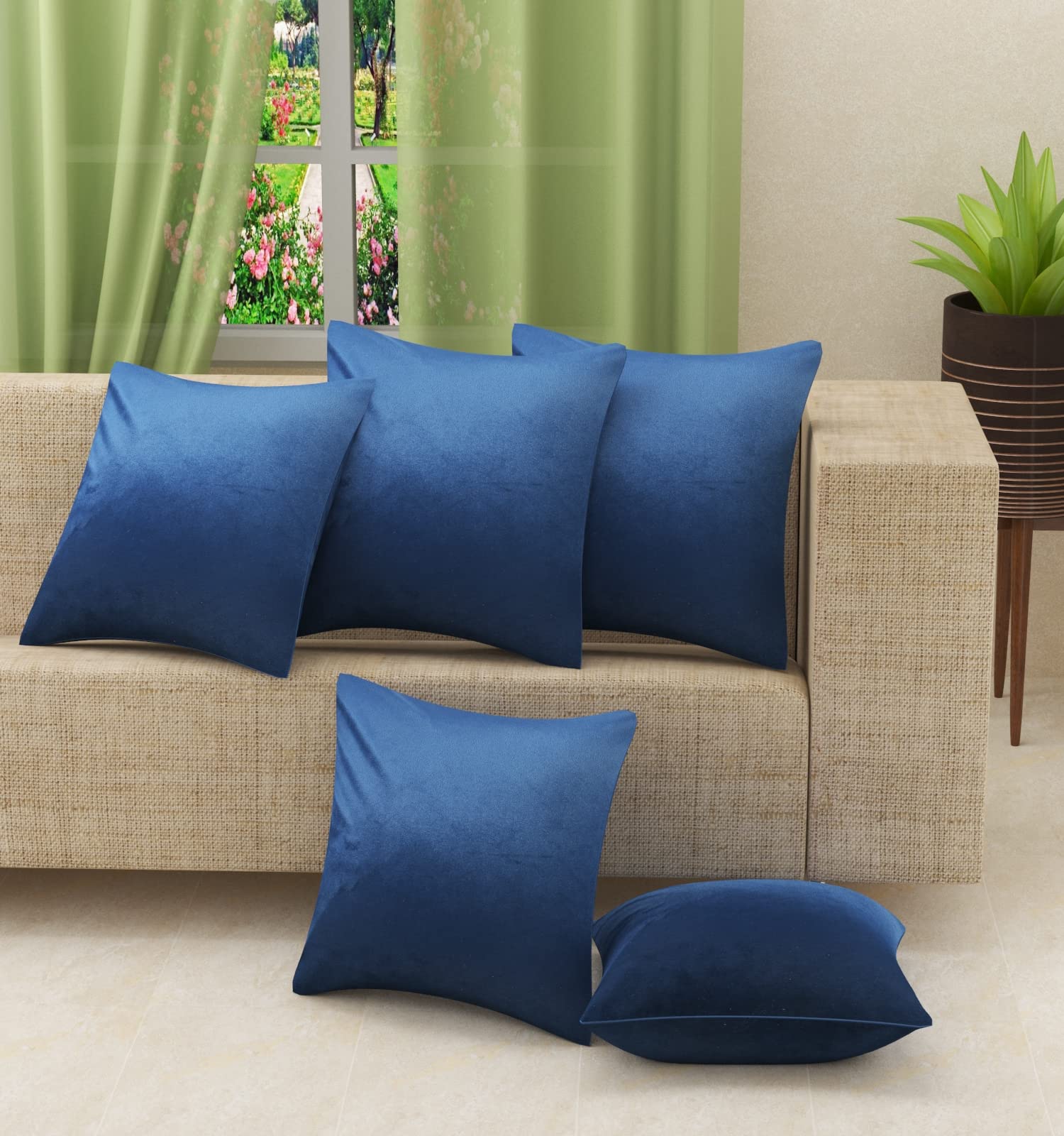 Stuffique Velvet Throw Pillow Cover Solid Plain Cushion Covers Set Of 5 For Sofa Couch Bed Chair 12 X 12 Inch, Navy-190 Tc