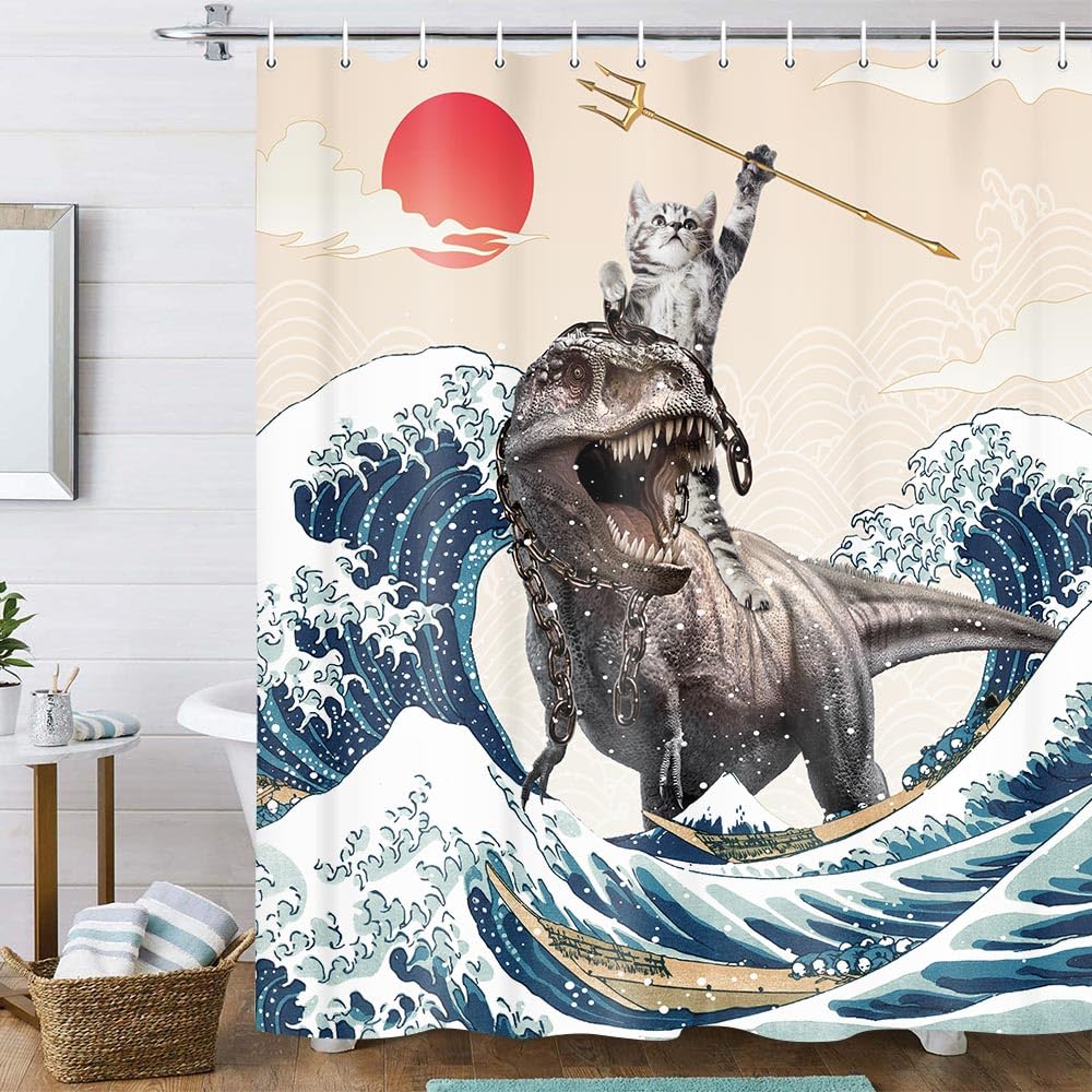 Uokiuki Funny Cat Shower Curtain, Cute Cat Riding Dinosaur Japanese Ocean Waves Shower Curtain With Hooks, Nautical Coastal Fabr