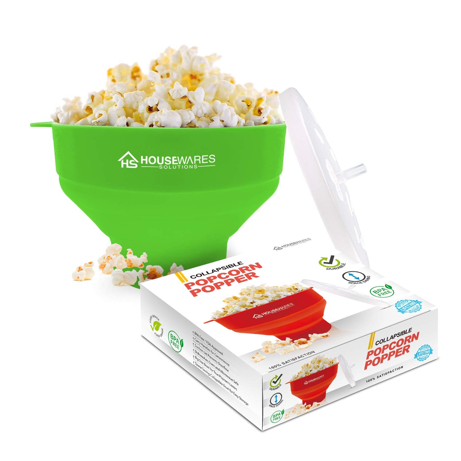 Collapsible Silicone Microwave Hot Air Popcorn Popper Bowl With Lid And Handles - Green
