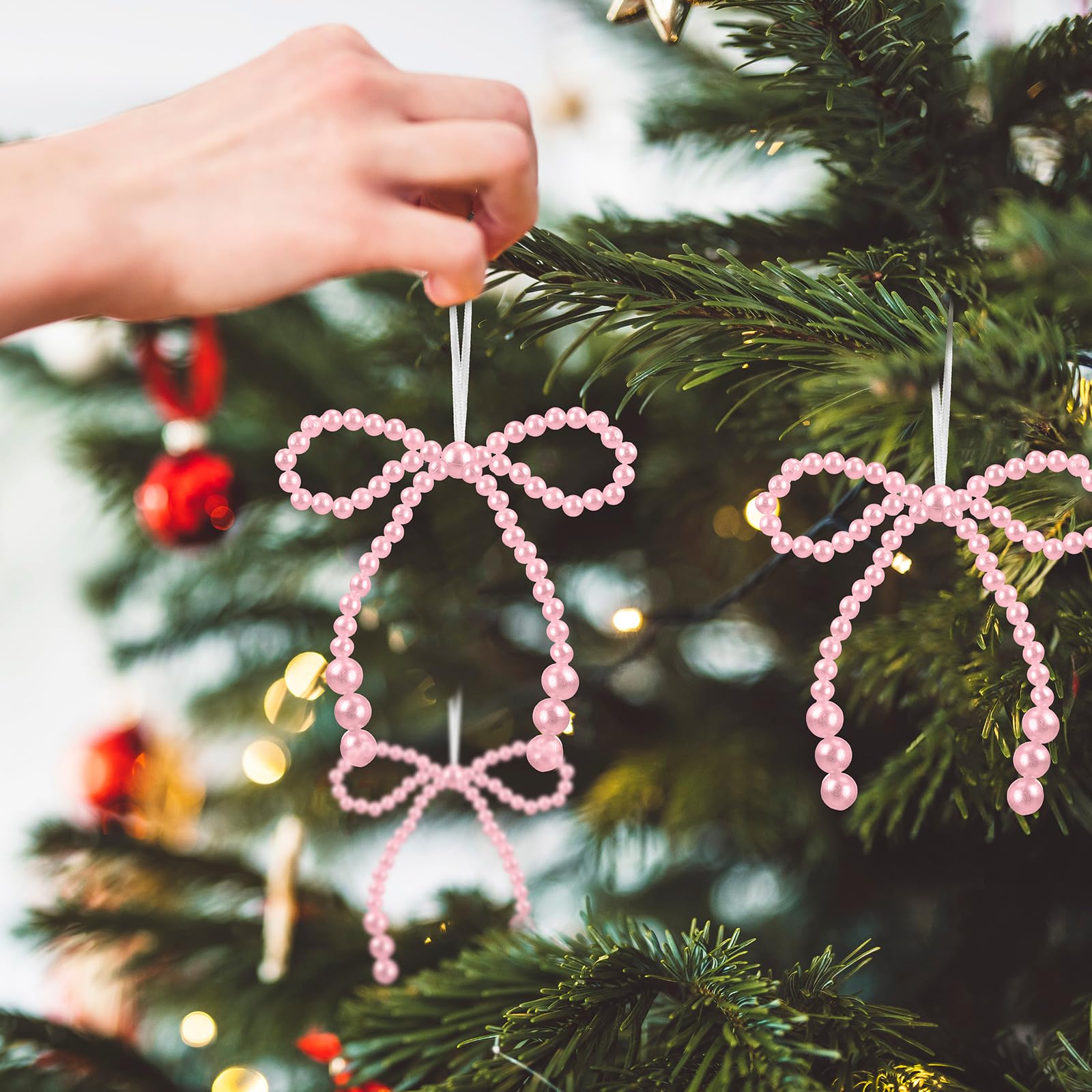 VioraWhite 12 Pcs Pearl Bow Christmas Ornaments Bowknot Tree Topper Decor Xmas Hanging Ornament Pendant Decoration Gift for Wedd