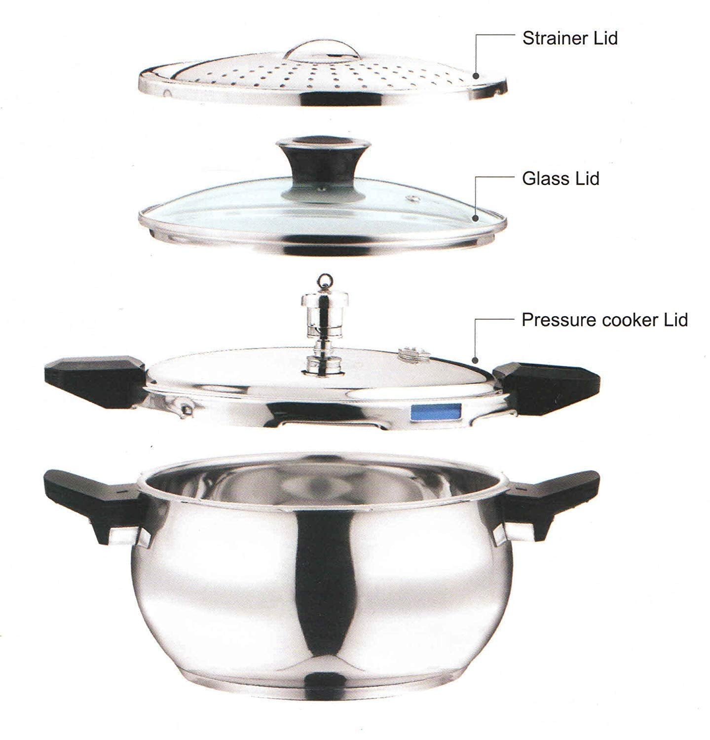 Vinod 18/8 Stainless Steel Magic Outer Lid Pressure Cooker - 5.5 Liters with a Pressure Cooker Lid, Straining Lid and Glass Lid