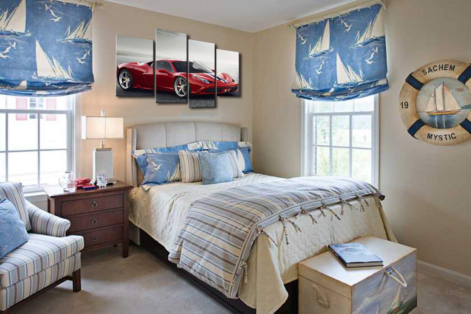 Meigan Art- 4 Pieces Red Sports Car Wall Art Picture Home Decoration Living Room Canvas Print Painting Wall Picture
