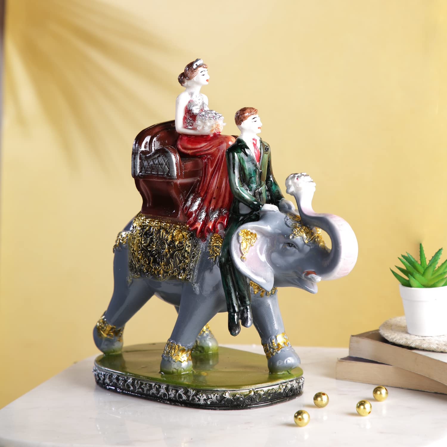 Craftvatika Love Couple Sitting On Elephant Statue Showpiece For Valentine Day, Couple Sculpture Figurine Gift For Home Decor, T