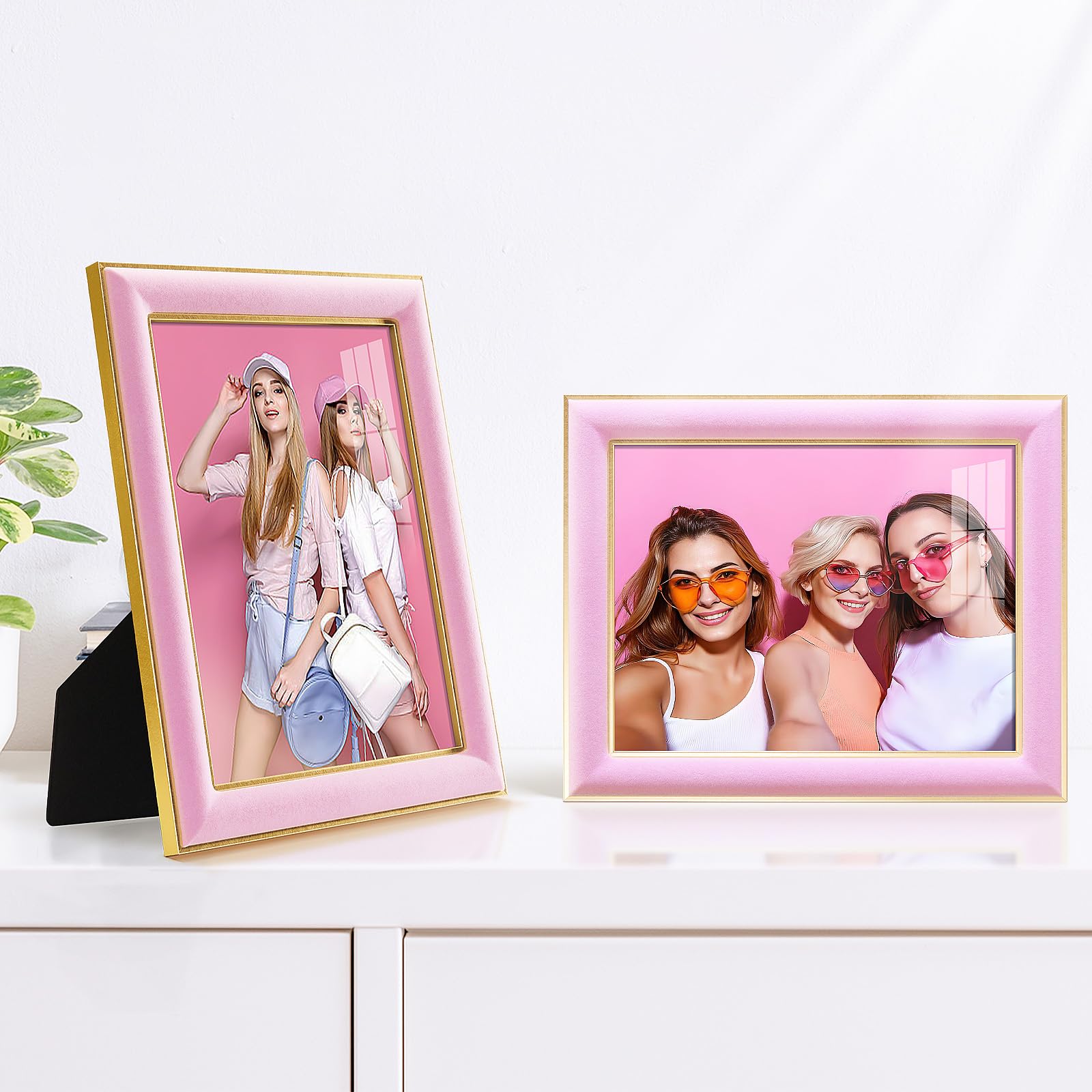 KSROECUD 8.5x11 Velvet Picture Frame with 2 Openings 5x7 Pictures, HD Real Glass Pink Velvet Photo Frame with Black White Border