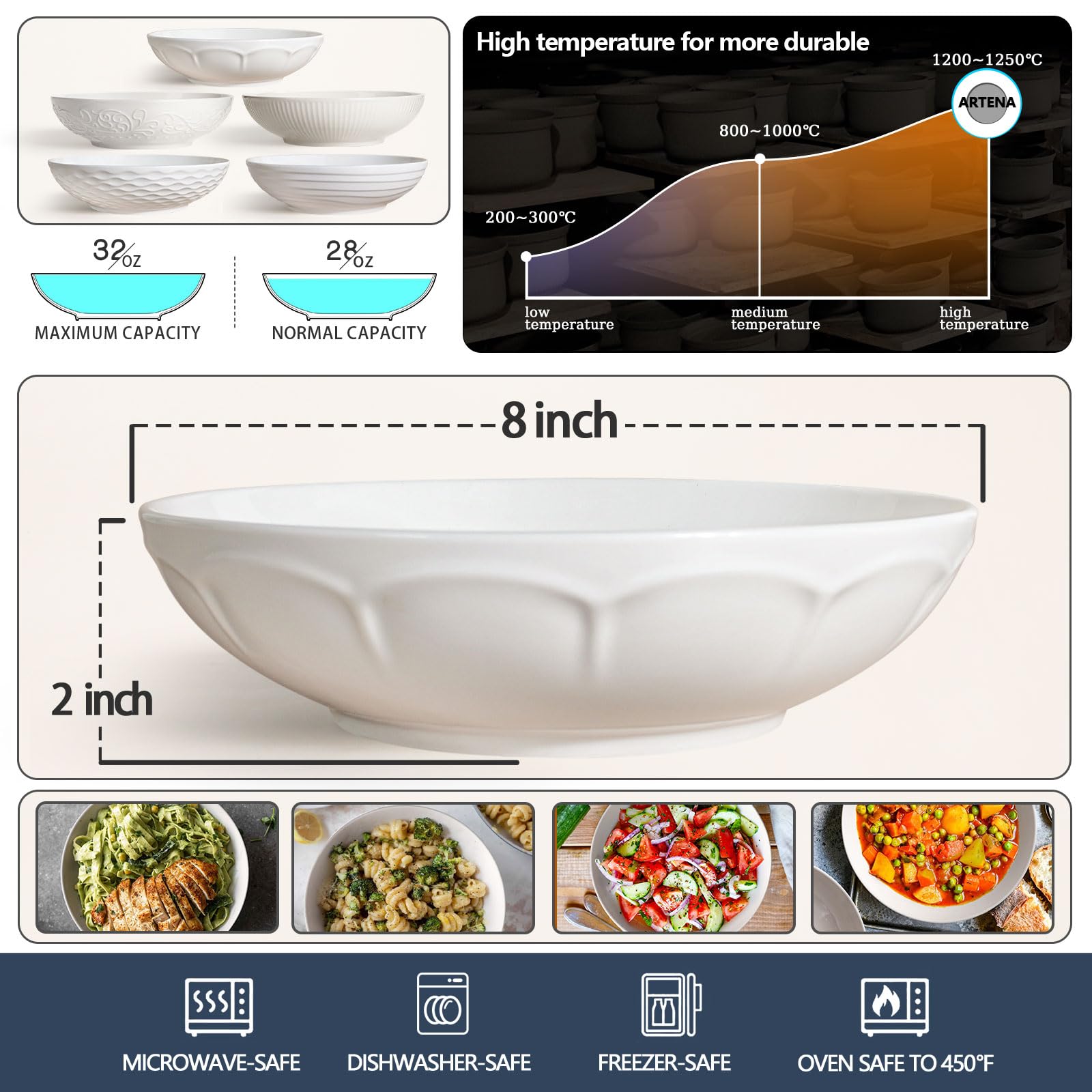 Artena Pasta Bowls 32Oz, Ceramic Large Salad Bowls 8 Inch, Soup Bowls Set Of 4, White Serving Bowls For Entertaining, Wide Shall