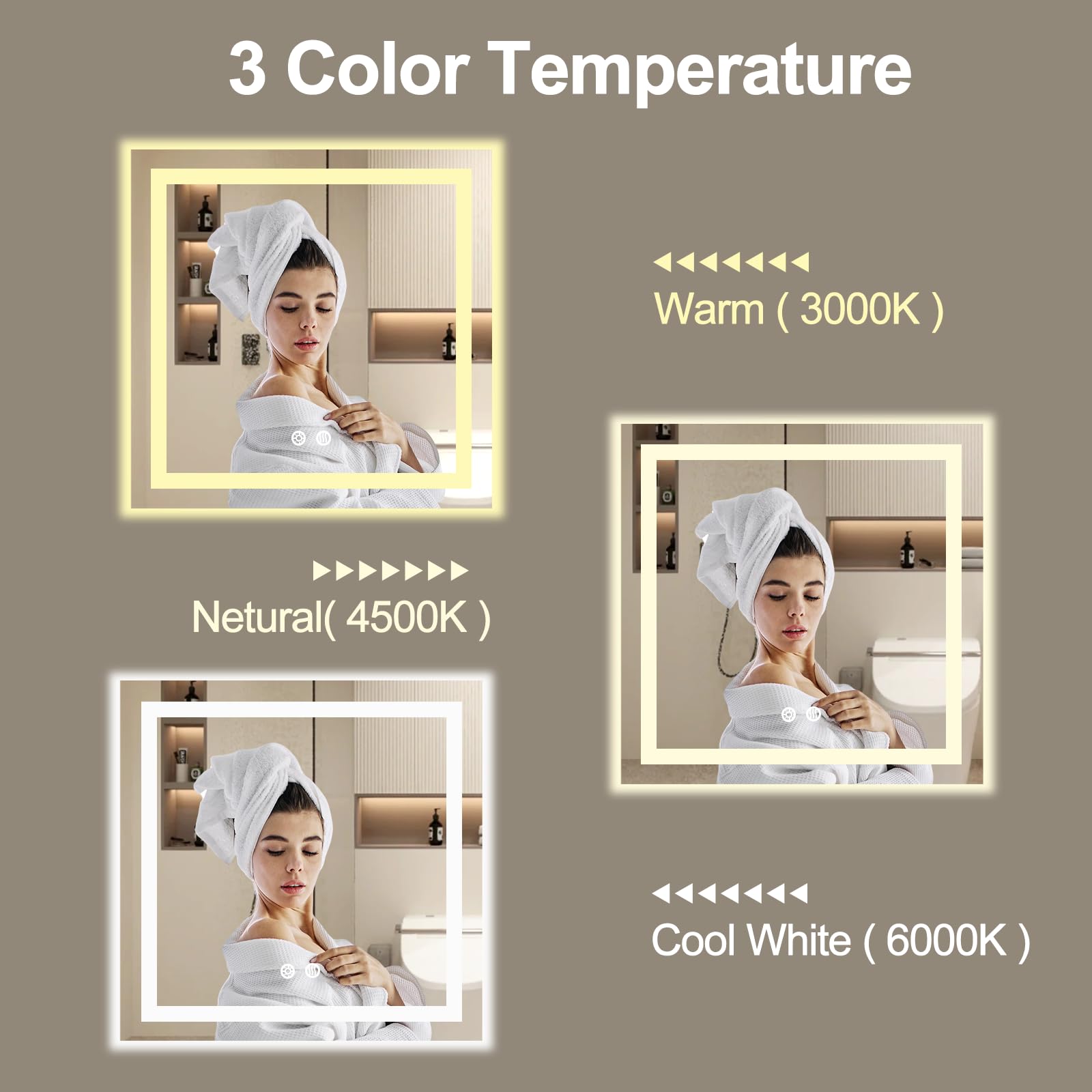 BuLife 28 X 28 Inch Square LED Bathroom Vanity Mirror, 3 Colors Light Dimmable, Wall Mounted Memory Lighted Makeup Mirror with A
