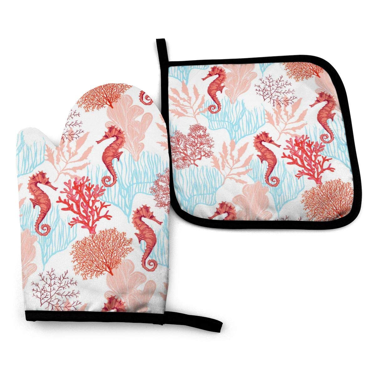 Vunko Sea Horse Oven Mitts And Pot Holders Sets Heat Resistant Coral Oven Gloves With Non-Slip Surface For Safe Bbq Cooking Baki