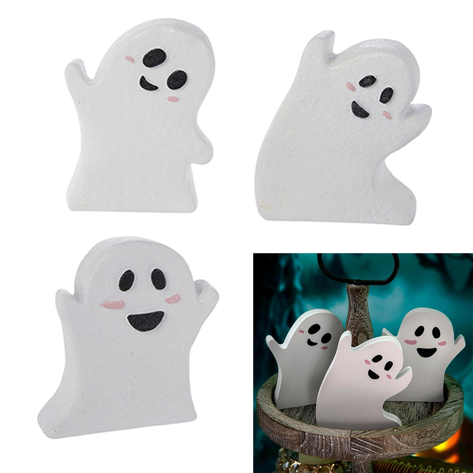 Cute Halloween Decorations, Ghost Wooden Tiered Tray Decor Table Sign Set of 3 Ghost Wooden Decor Blocks for Table, Office Desk,