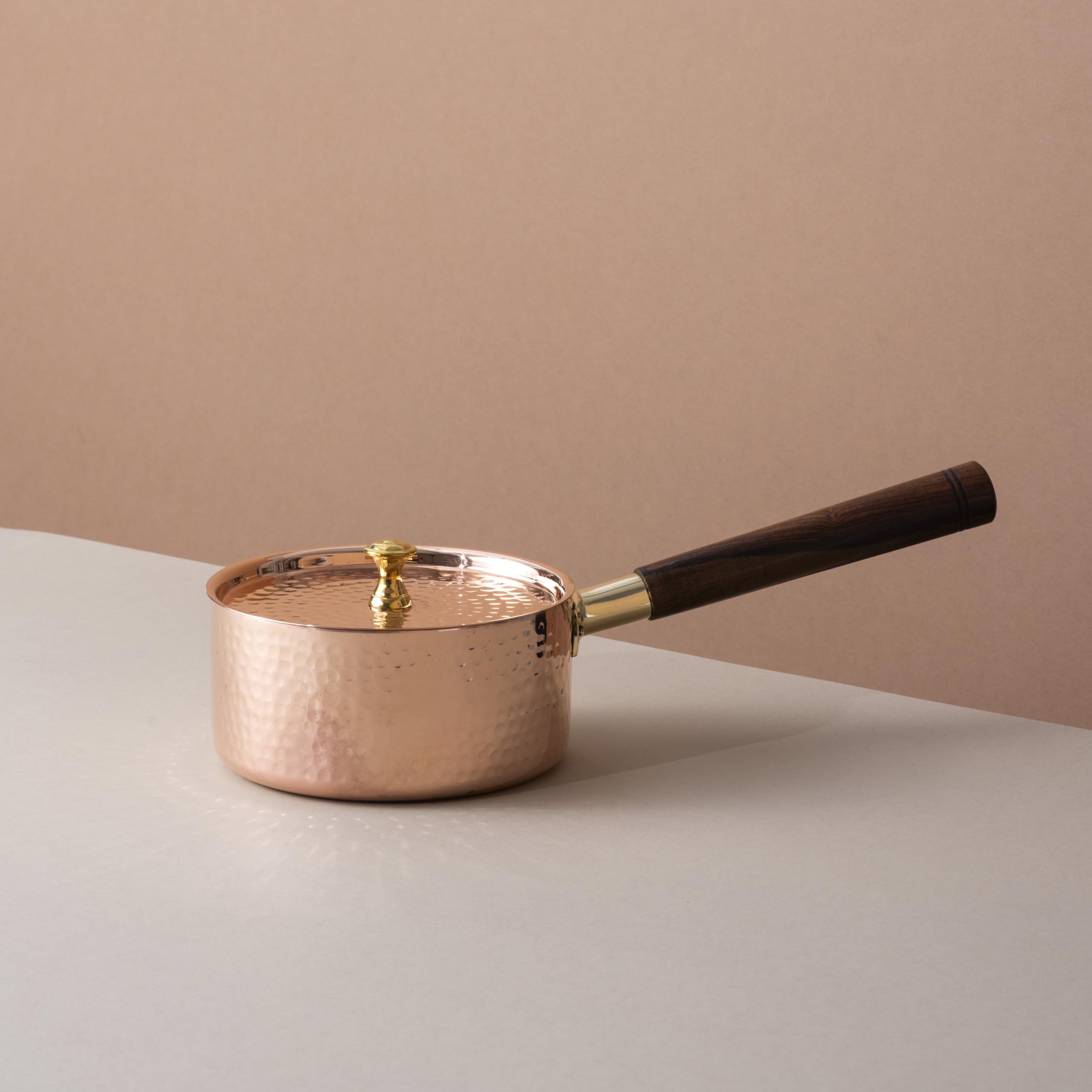 Veda Essentials 1 Litre Copper Saucepan With Tin Coating & Lid | Handcrafted Tamba Sauce Pan For Tea, Milk & Cooking | Gas Compa