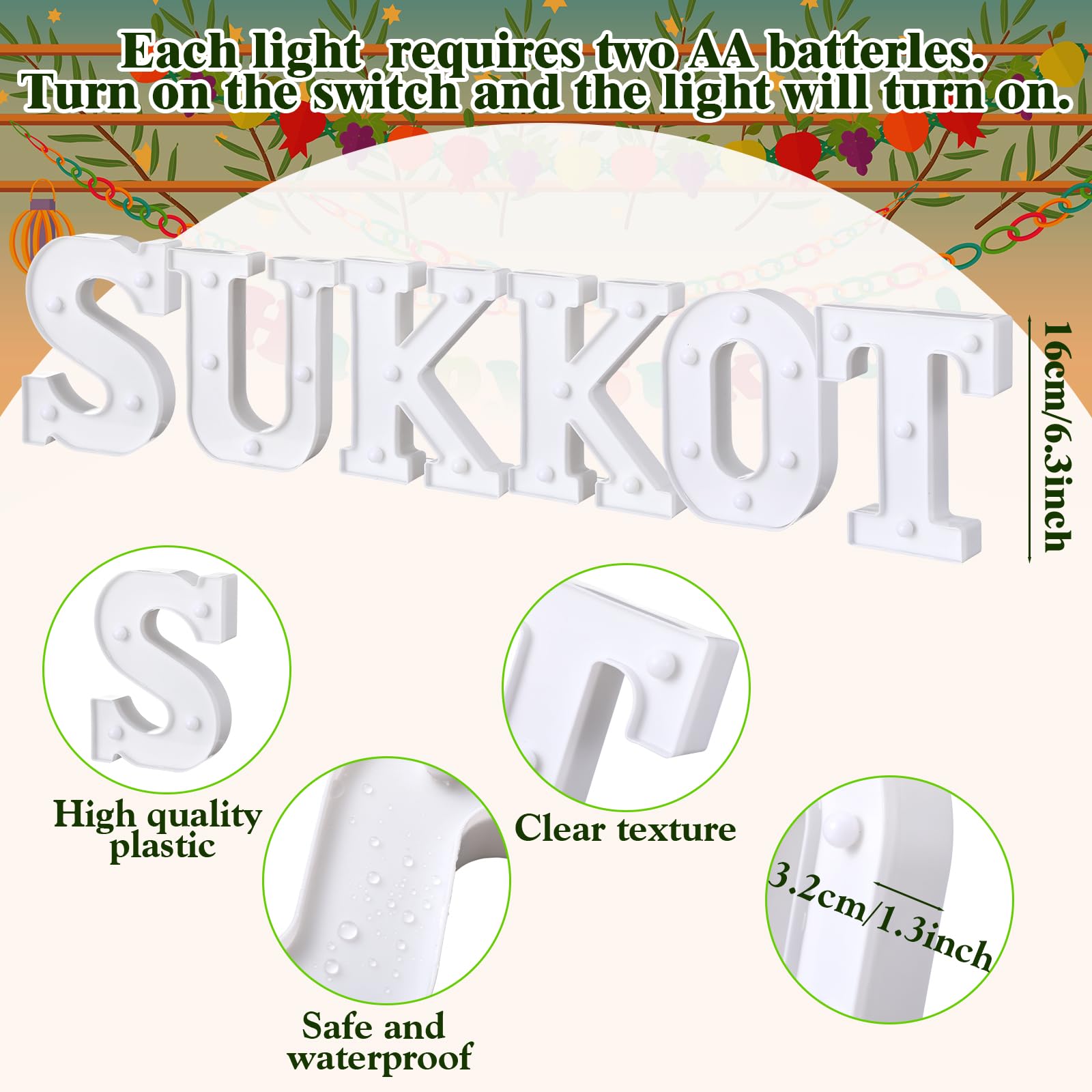 Honoson 6 Pcs Happy Sukkot Party Decoration Sukkah Supplies LED Letter Lights Neon Sign Table Decoration for Jewish Sukkot Party