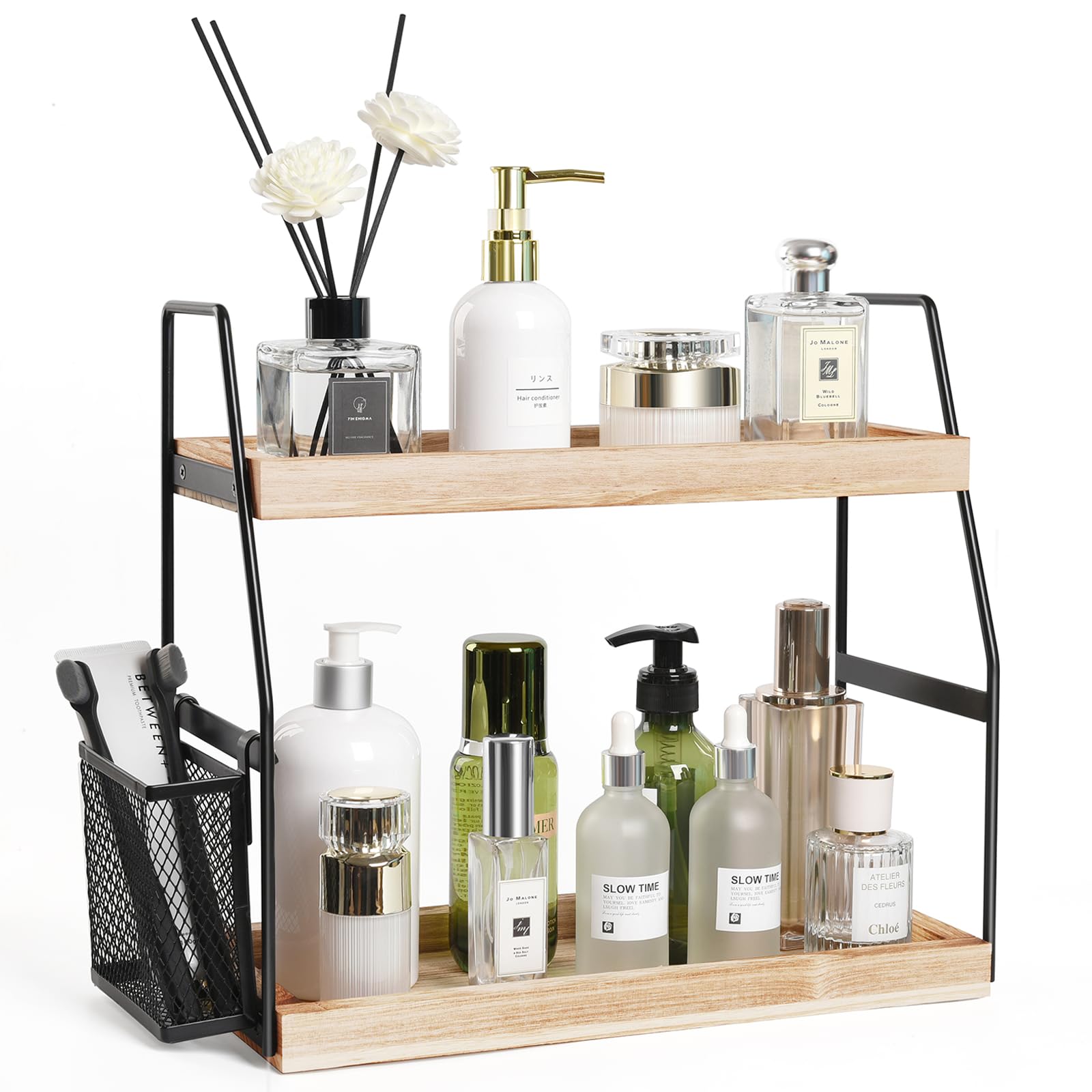 Nroech Bathroom Organizer Countertop  2-Tier Standing Counter Shelf with Basket  Wood Tray for Kitchen Vanity Organizer