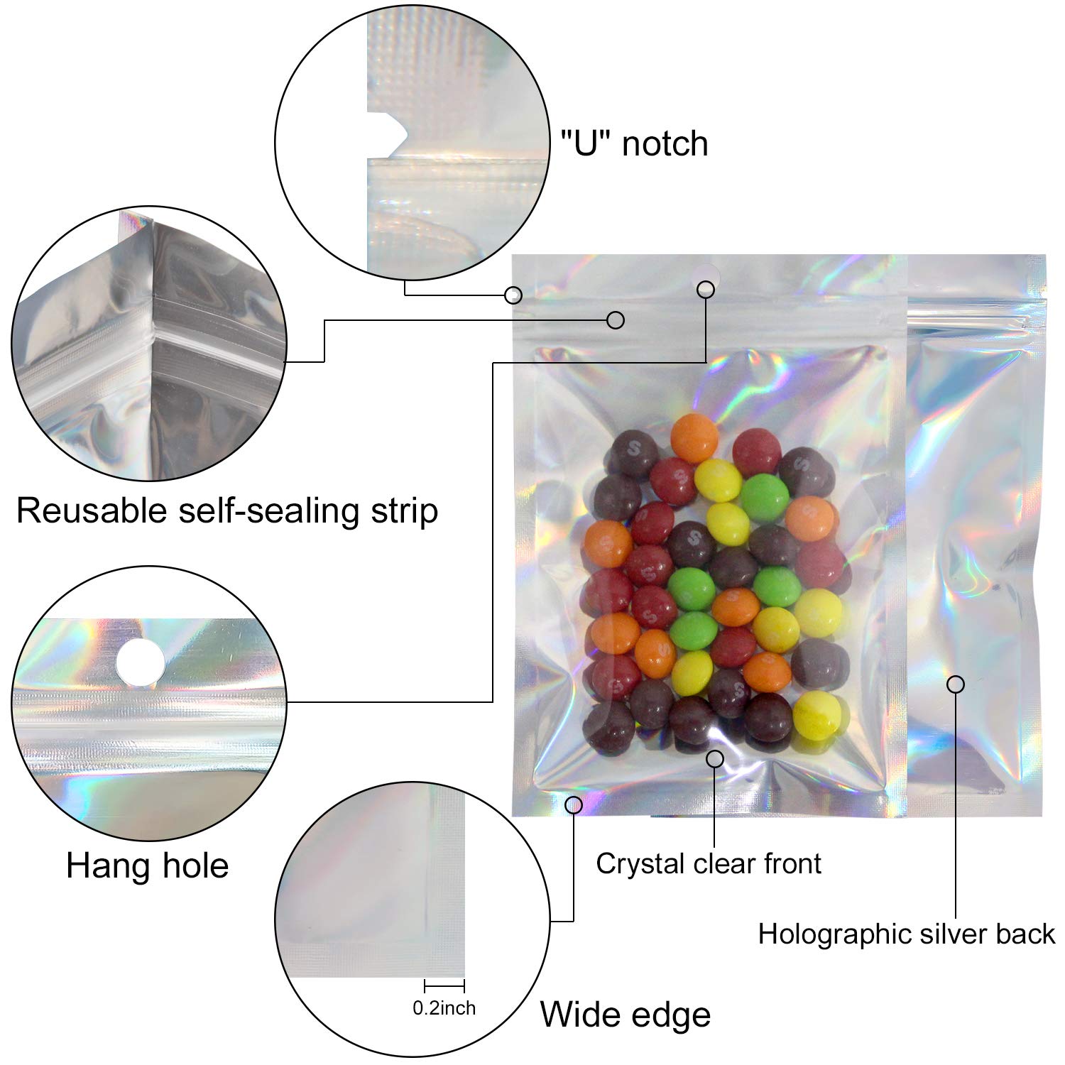 Egticlive 100 Pack Resealable Holographic Bags For Small Business, 4 X 6'', Iridescent Mylar Bags With Clear Front Ziplock Foil