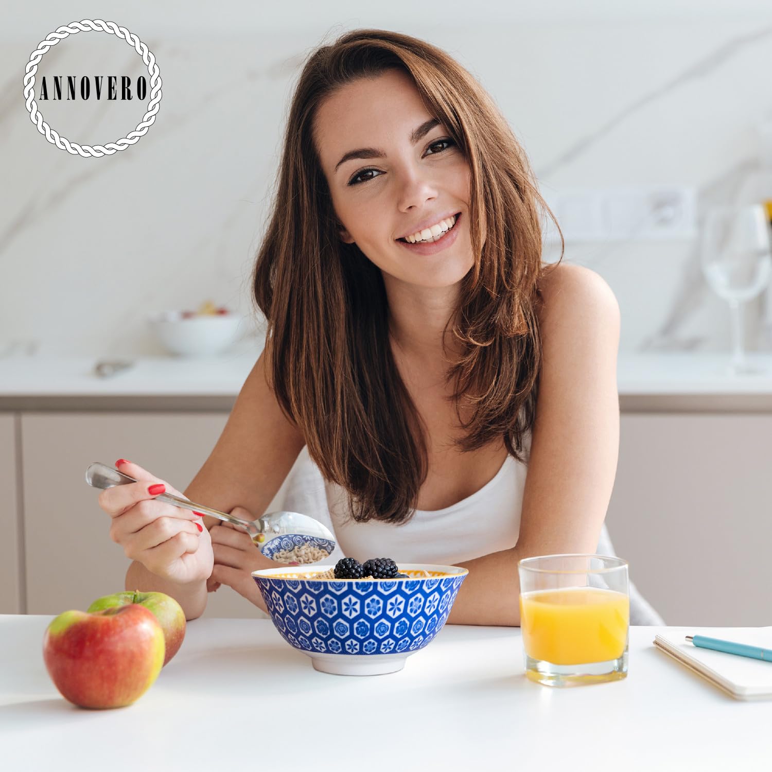 Annovero 23 Oz Bowls | Deep Cereal Bowls Set Of 6 | Colorful Porcelain Bowls For Serving Breakfast, Dinner, Or Small Dish Of Sou