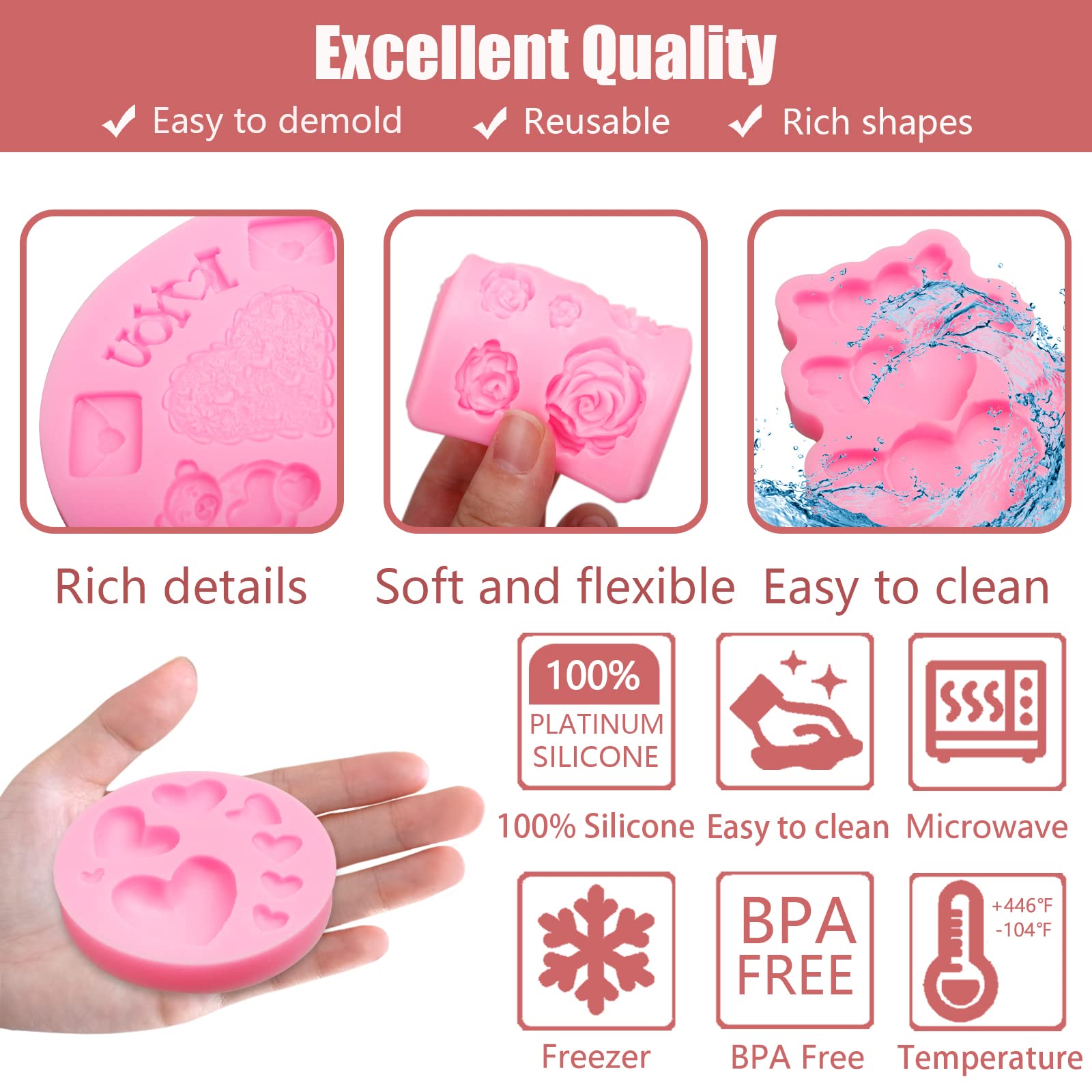 Bear Chocolate Silicone Molds 6 Pcs, Love Flowers Teddy Bear Head Fondant Molds For Valentine'S Day Cake Decoration Candy Sugar