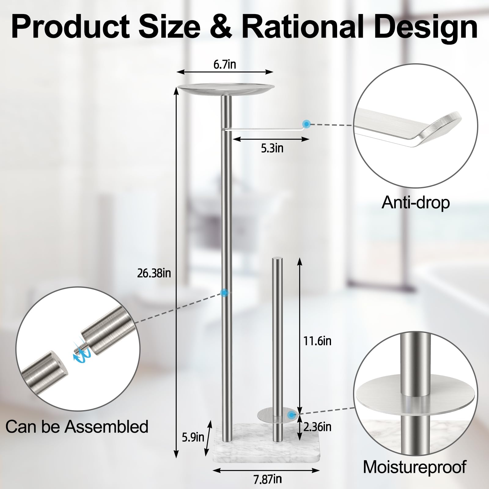 Toilet Paper Holder Free Standing With Marble Base: Stainless Steel Toilet Paper Holder Stand With Top Tray For Candles, Cell Ph
