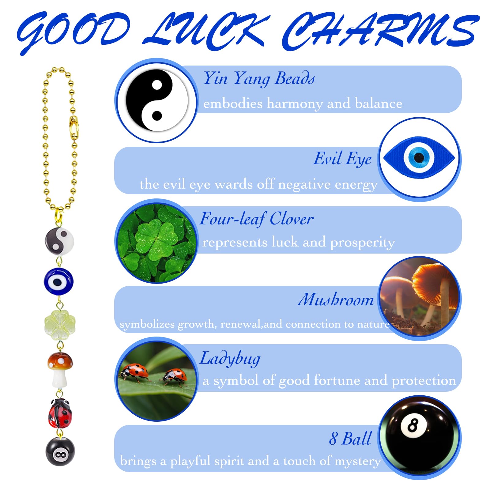 Evil Eye Car Hanging Ornament,Good Lucky Days Car Charm,8 Ball Mushroom Four-Leaf Clover Pendant for Car Rear View Mirror,Cute B