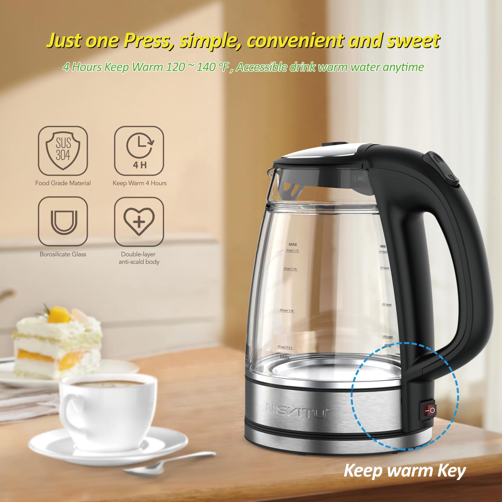Double Glass Electric Kettle 1.7L Cordless Water Boiler, Tea Heater With Auto Shutoff & Dry Production For Boiling Hot Water,Led