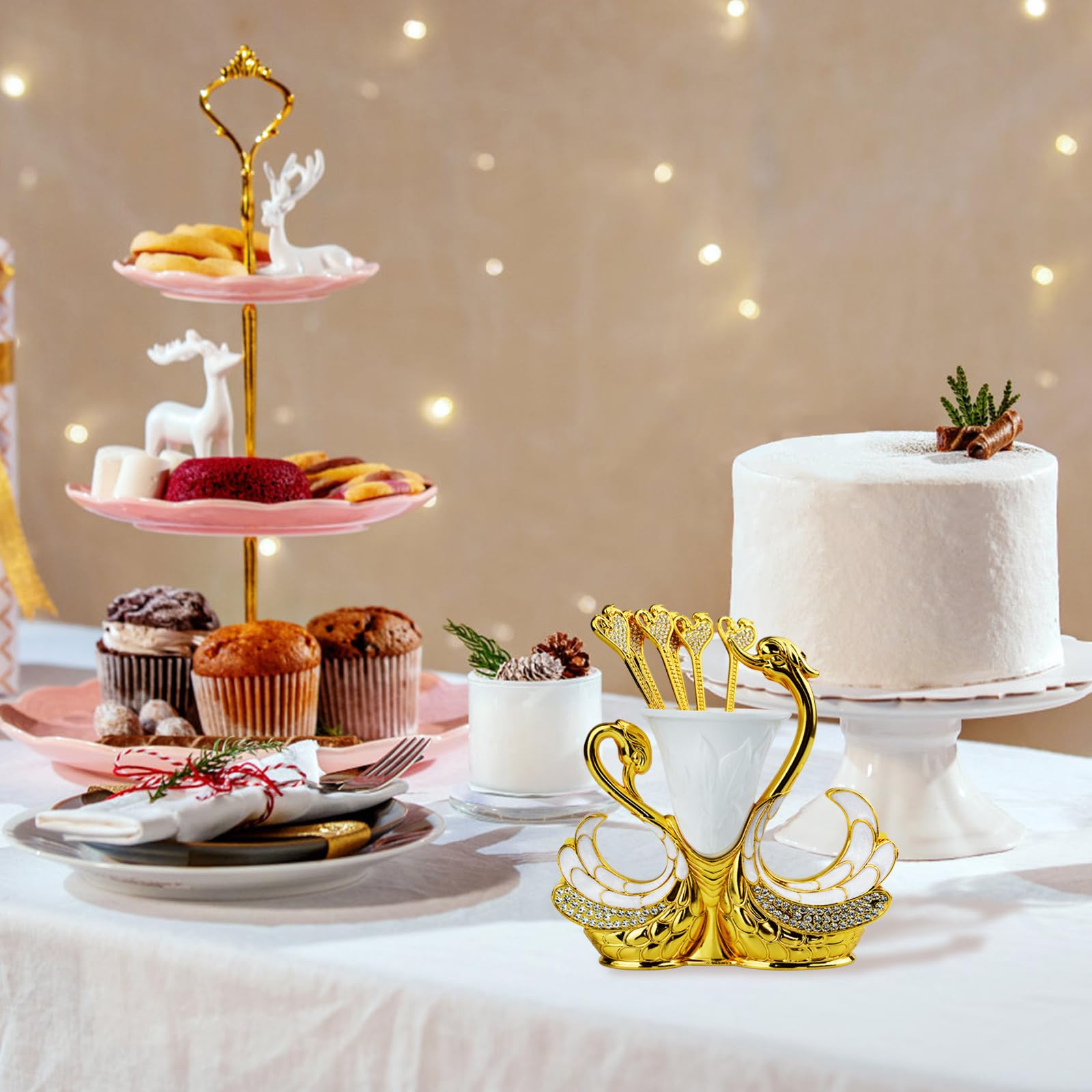 Coffee Spoon Set, Metal Swan Base Holder Dessert Spoon Organizer With 6Pcs Spoons Teaspoon Dessert Flatware Set For Coffee Fruit