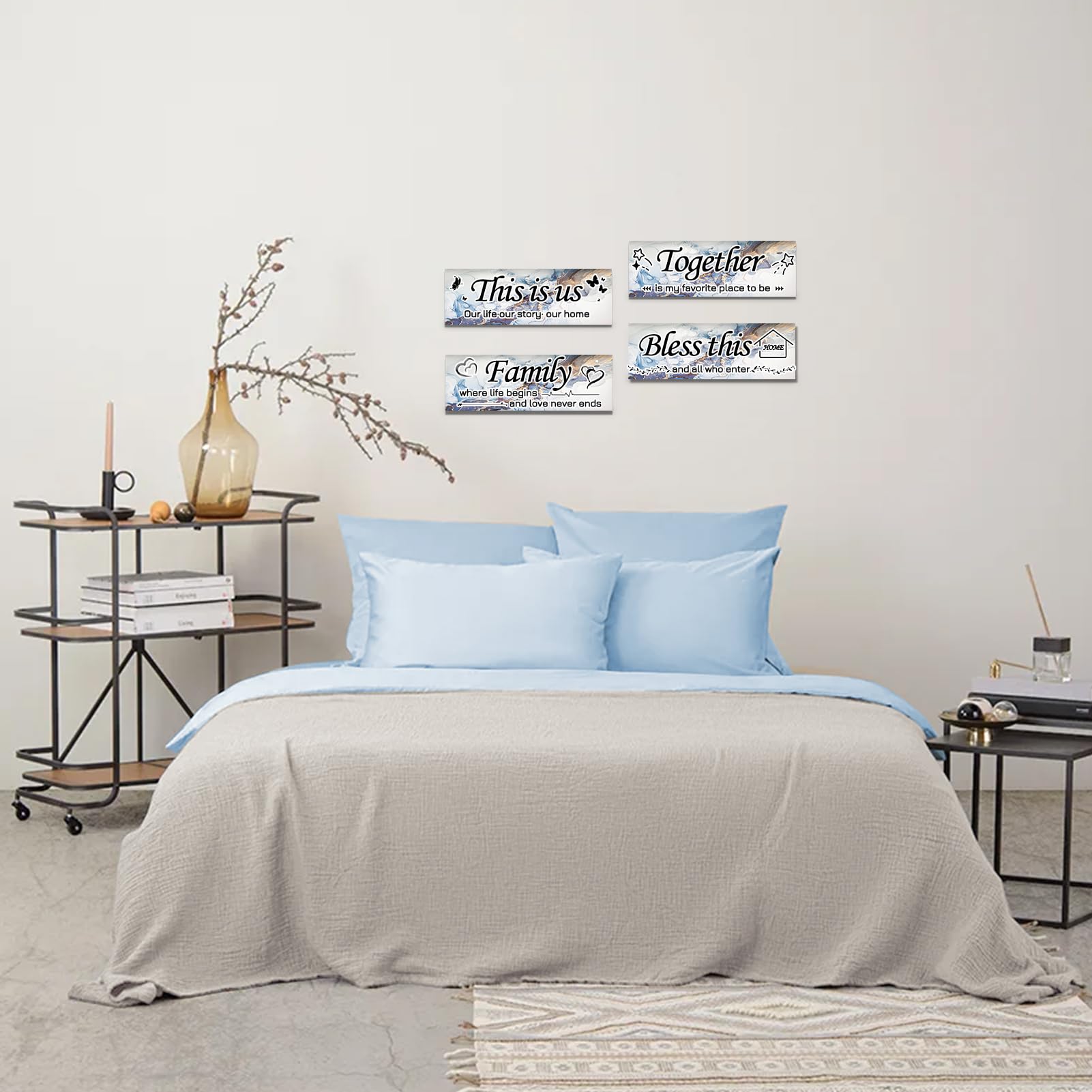 Lnond 4 Pieces Blue White Gold Marble Living Room Wall Decor, Motivational Home Family Rustic Wall Art Decor for Bedroom Living
