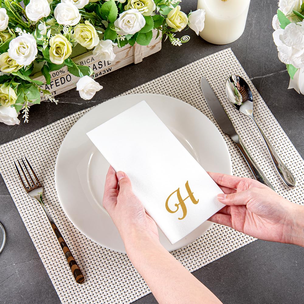 Luxenap 15.8 X 7.9 Inch Linen-Feel Guest Towels, 50 Lettered Hand Towels - Gold Letter 'H', Cursive Font, White Paper Dinner Nap