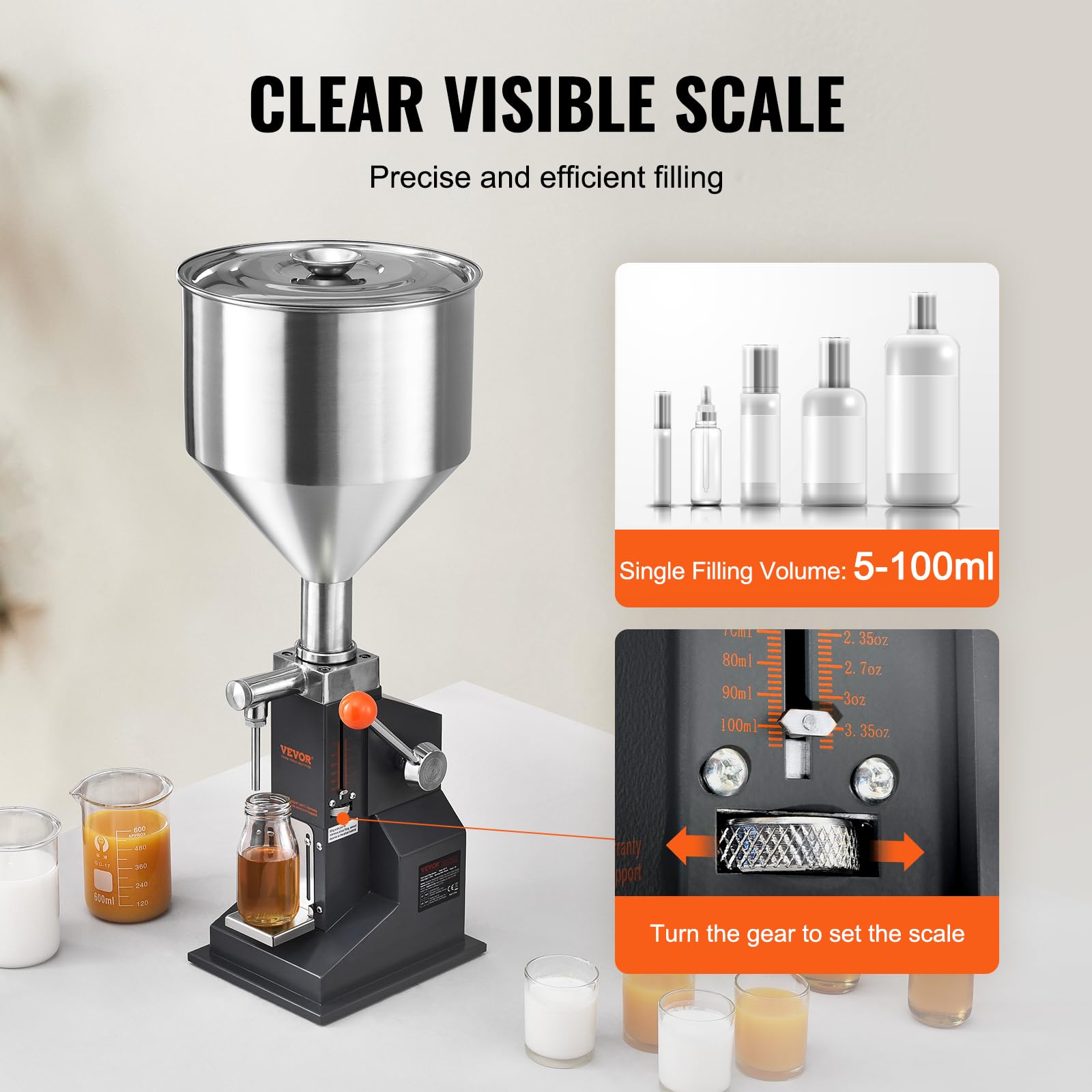 Vevor Manual Paste Liquid Filling Machine, 5-100Ml Adjustable Bottle Filling Machine, Stainless Steel Liquid Filler With 11.5L H