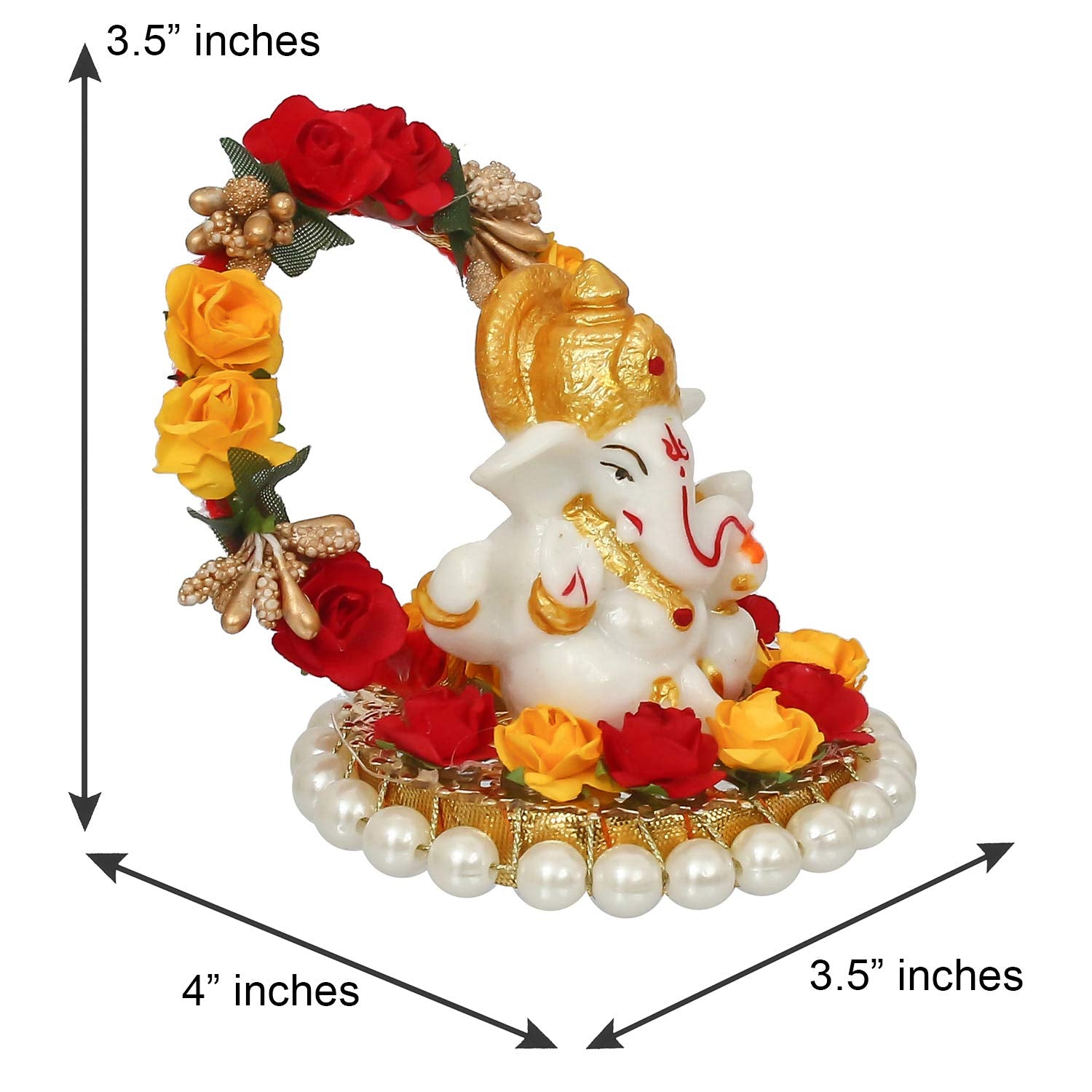 Ecraftindia Resin Lord Ganesha Idol On Decorative Rose Flower Plate- Ganesha Idol For Home Decor Car Dashboard- Ganesha Statue-