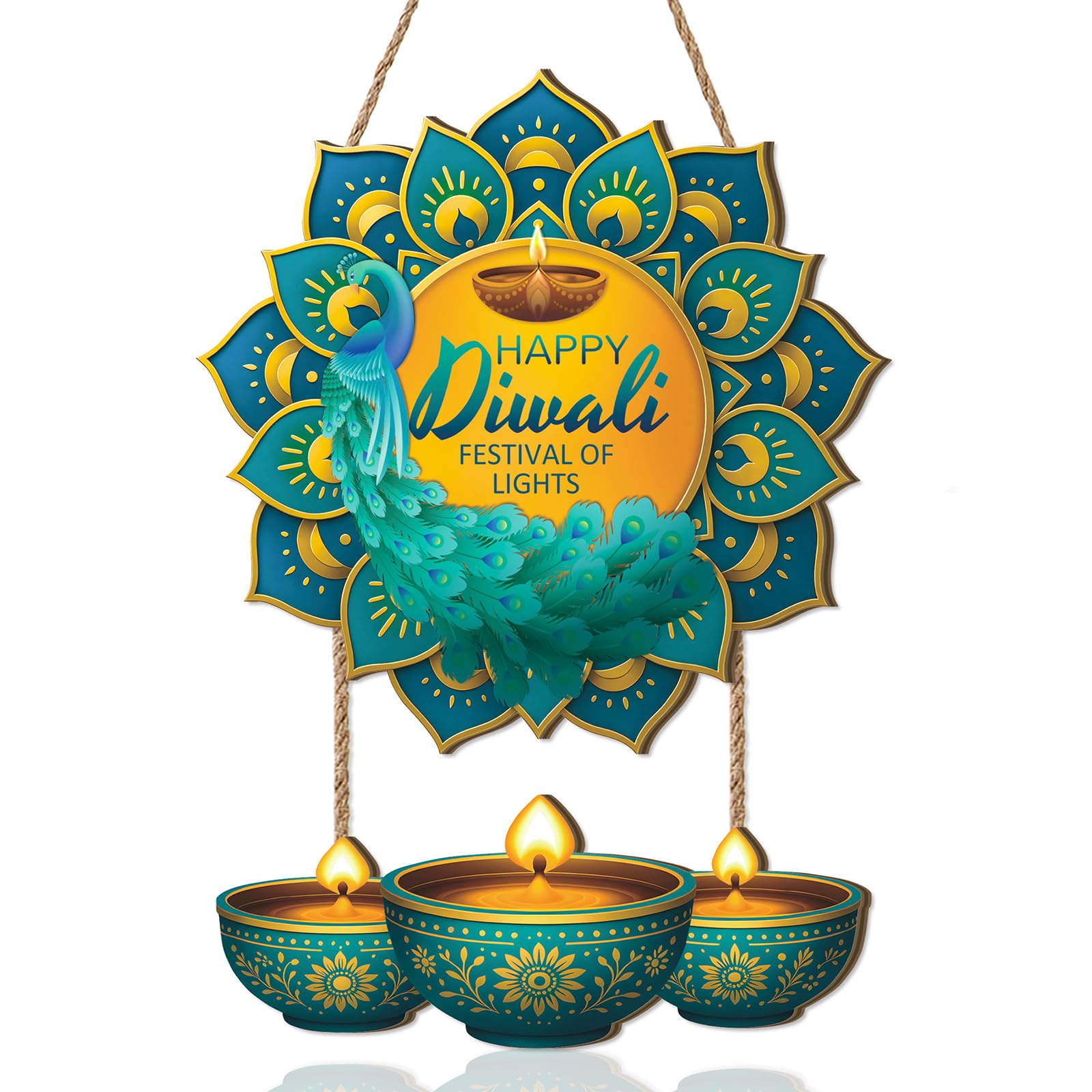 Celestdeco Happy Diwali Front Door Decor,Indian Festival of Lights Wall Hanging,Peacock Diwali Door Sign,Indian Deepavali Themed
