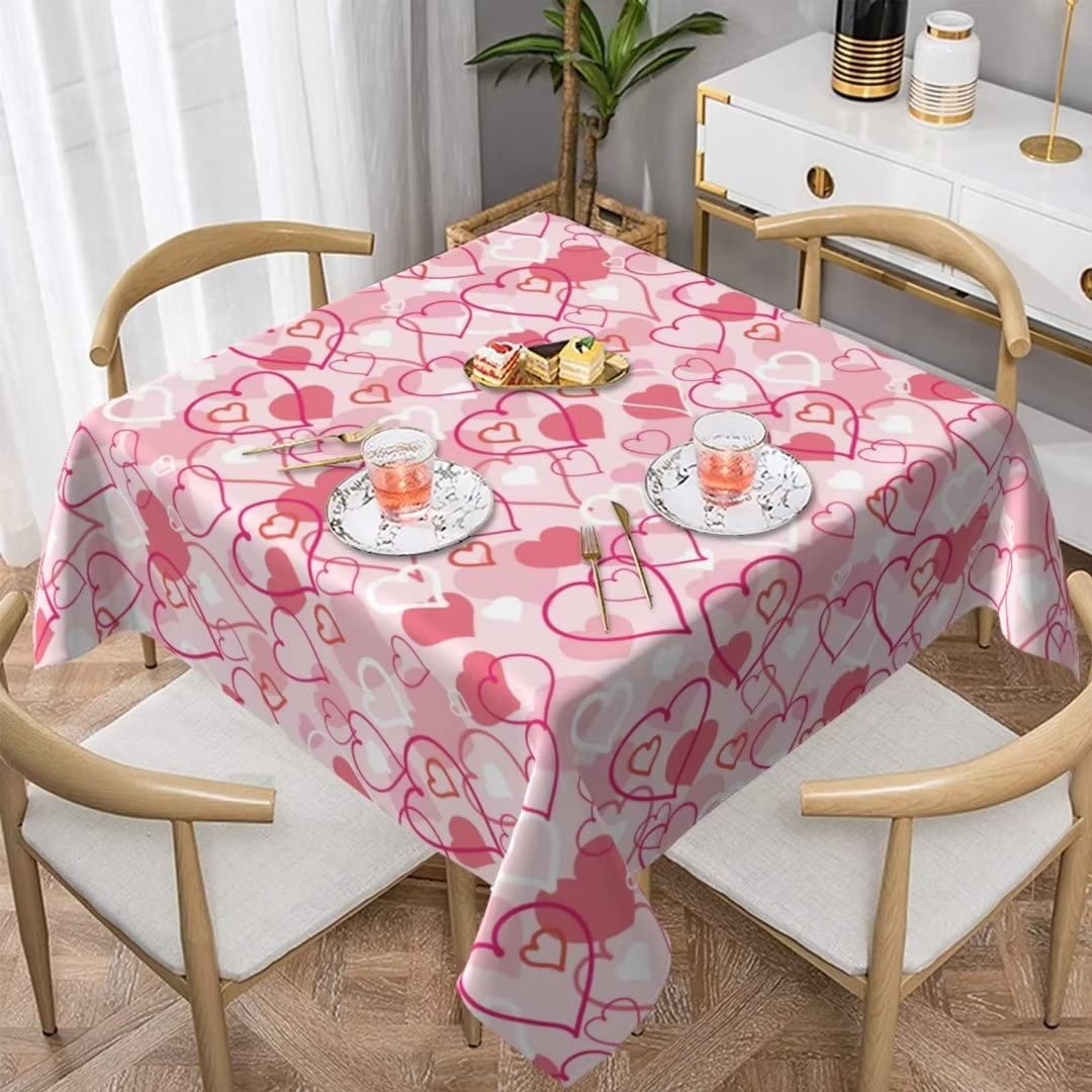 BETGINY Valentines Day Tablecloth - 60 Inch Square, Pink Love Hearts, Rustic, Wrinkle Resistant, Dust-Proof, Perfect for Home Di