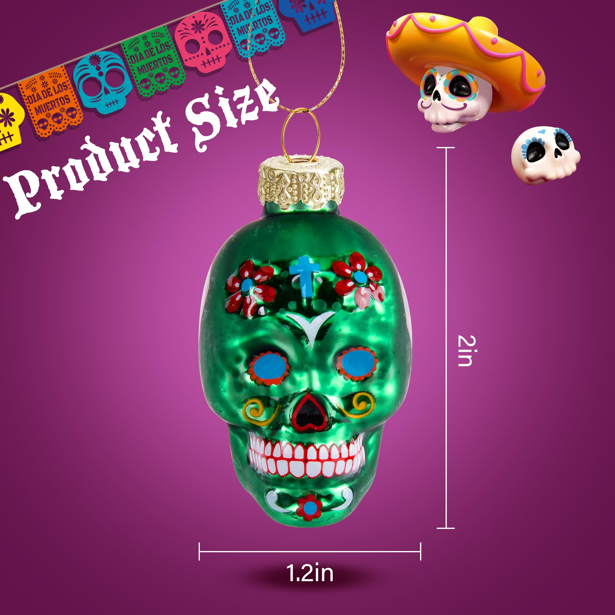 12pcs Day of The Dead Glass Ornaments - Dia De Los Muertos Sugar Skull Ornaments - Halloween Hanging Skeleton Head Ornament for