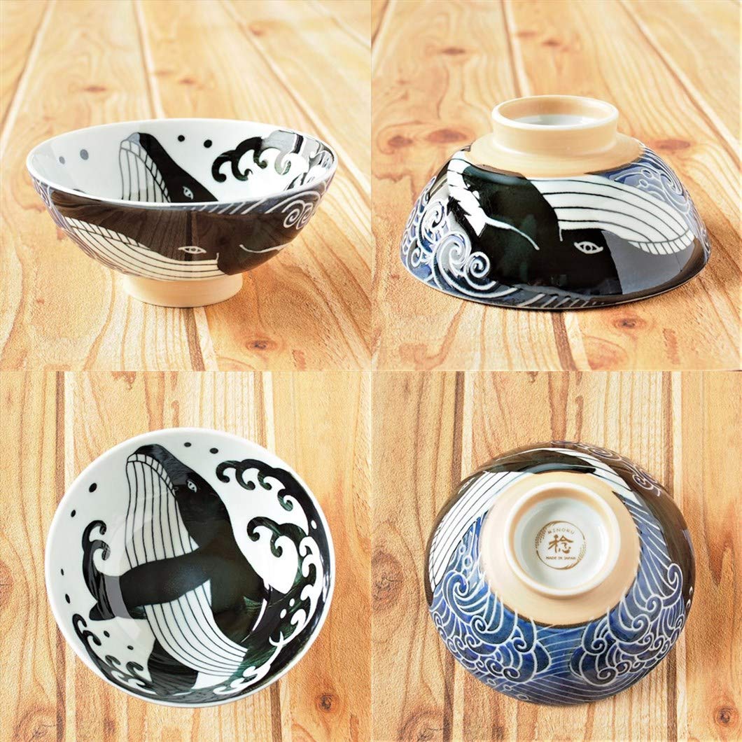 Minorutouki Rice Bowl Extra Large White Wave Whale Blue F5.8  H2.6In 7.76Oz Made In Japan