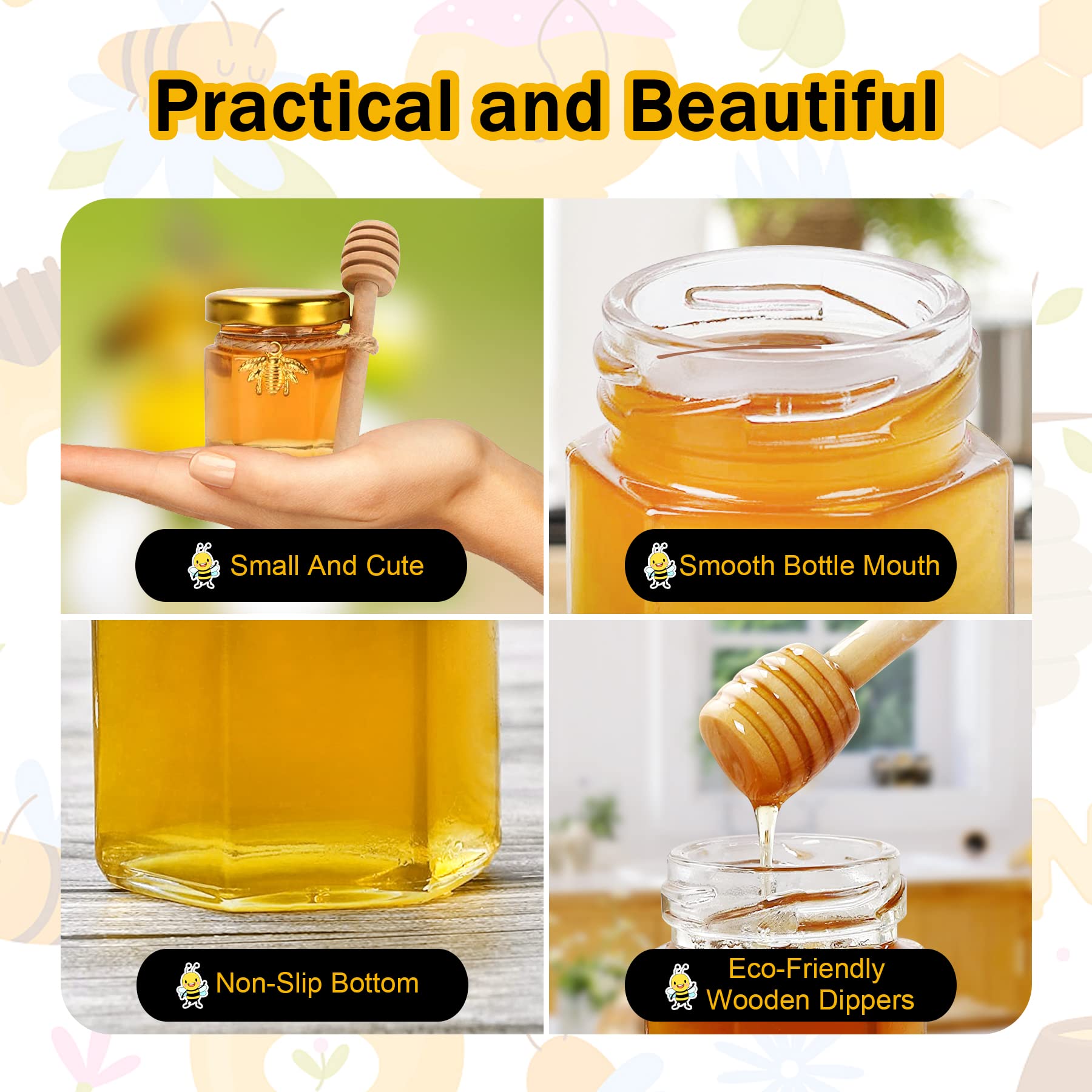 Aliggbent Honey Jars,48 Pack Mini Jars Party Favors In Bulk, 1.5 Oz Hexagon Small Glass With Dipper, Gold Lids, Cute Bee Pendant