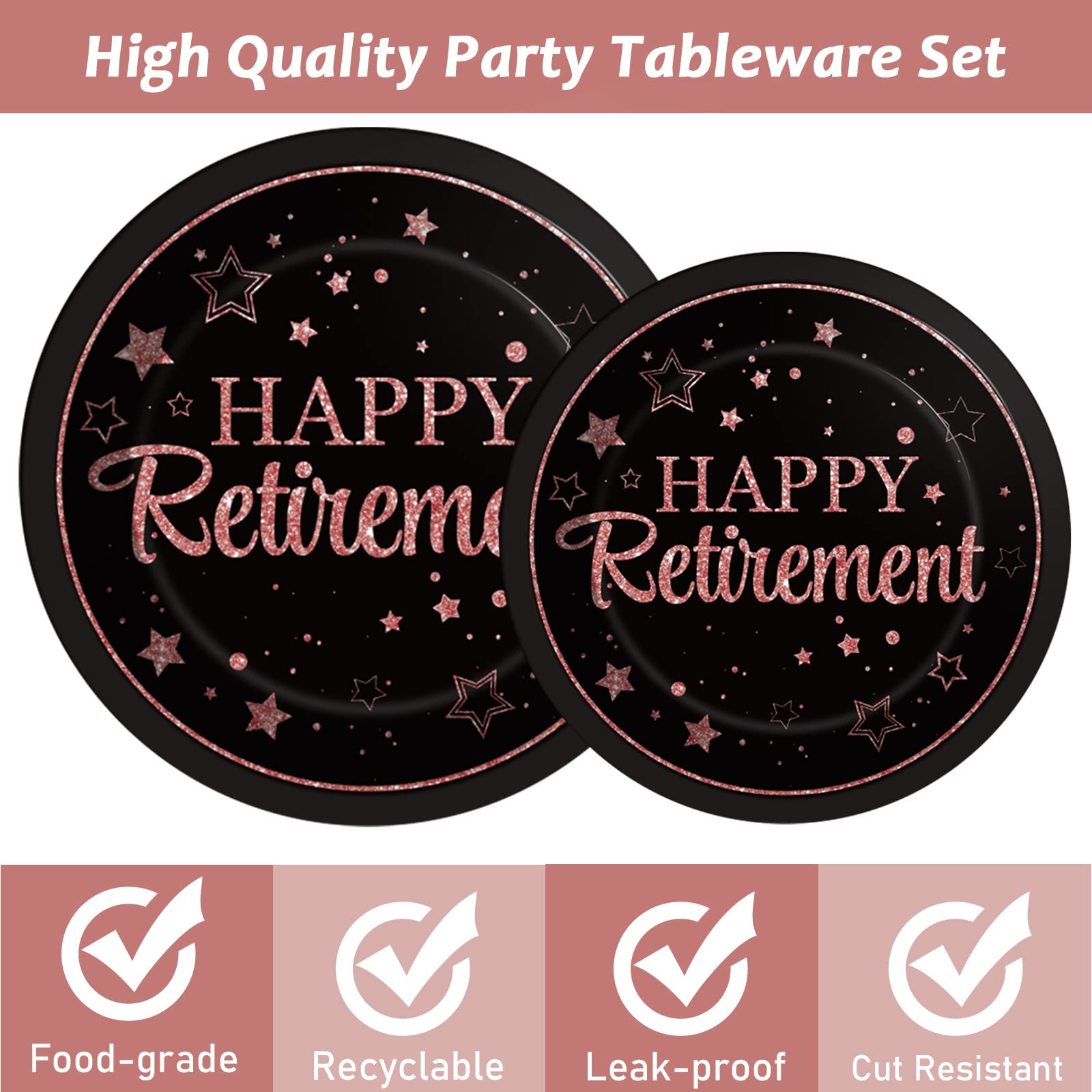 Wiooffen 96 Pcs Retirement Party Plates Napkins Tableware Set Rose Gold Happy Retirement Supplies Disposable Dinnerware Decorati