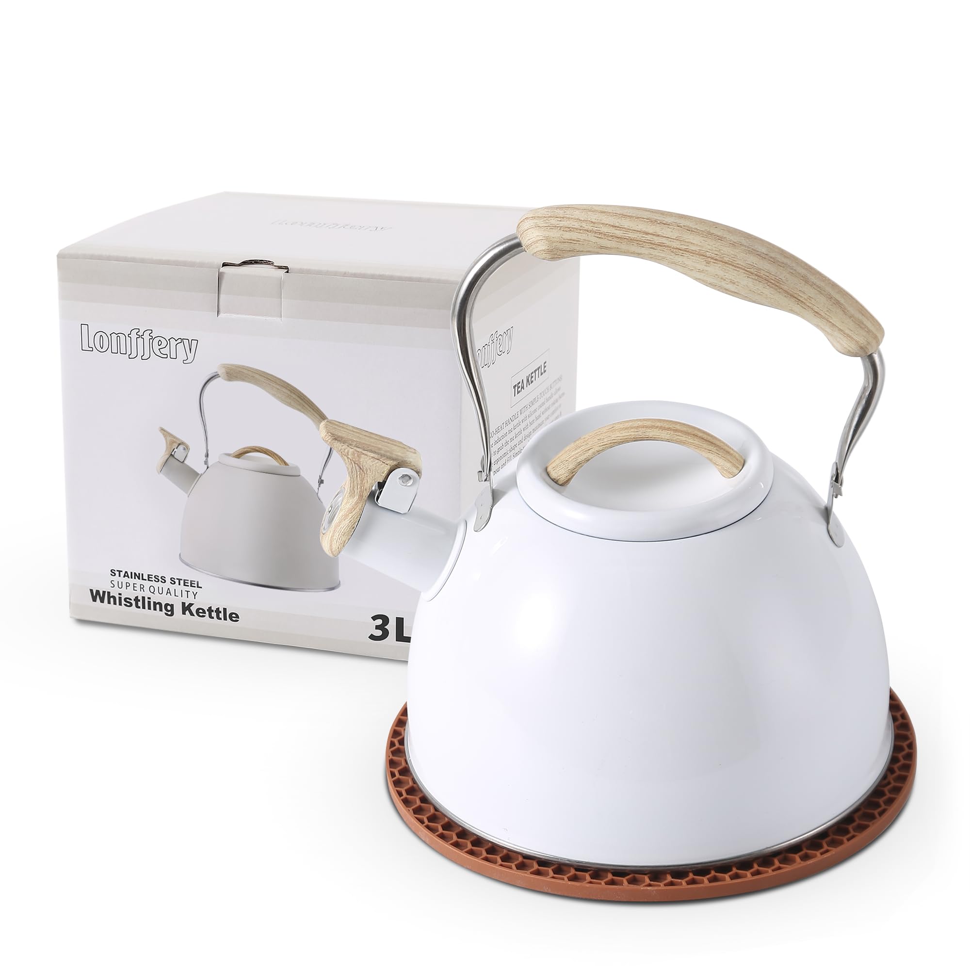 LONFFERY Tea Kettle for Stove Top, 3.2 Quart Whistling Tea Kettle, Food Grade Stainless Steel and Wood Pattern Folding Handle, W