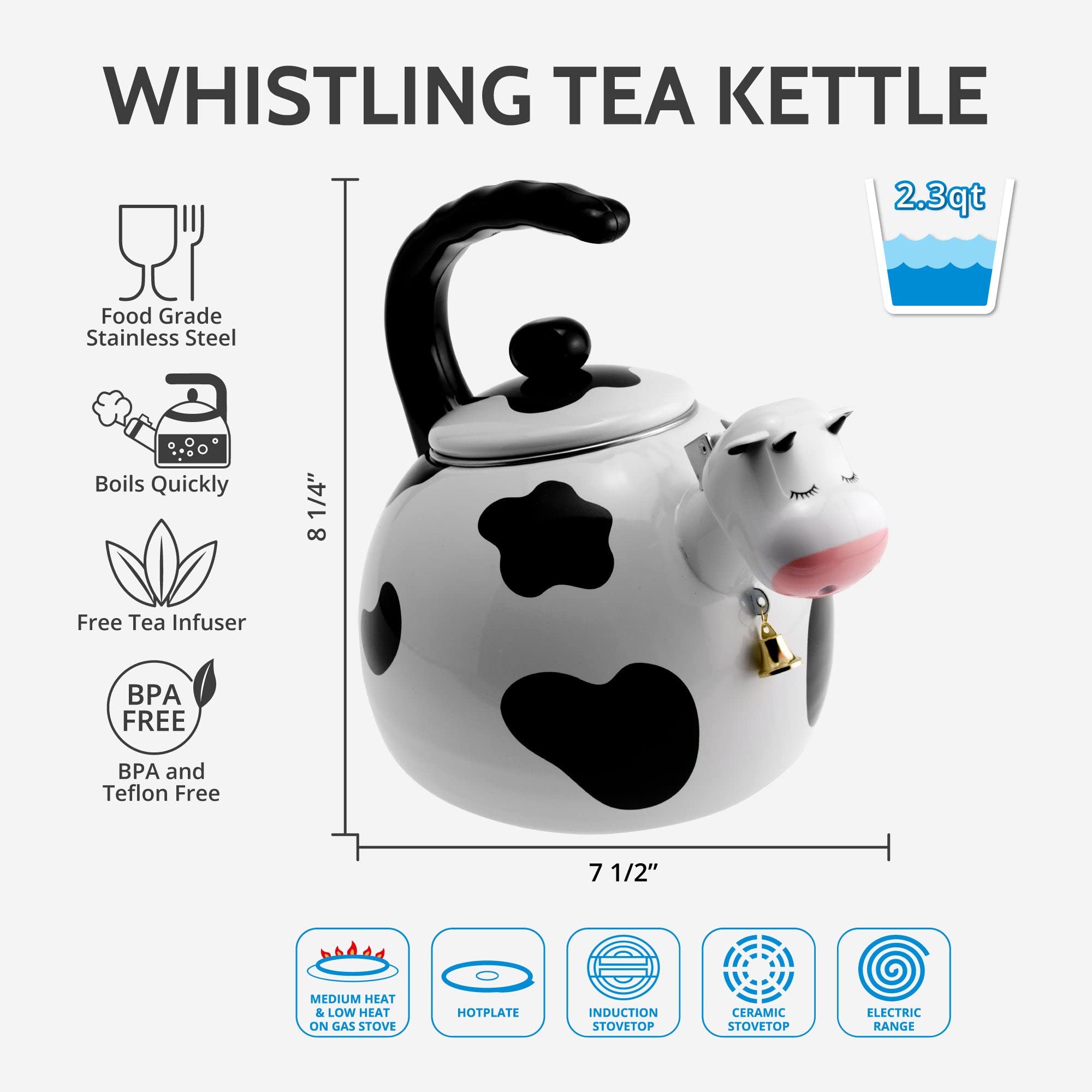 Whistling Tea Kettle For Stove Top Enamel On Steel Teakettle, Supreme Housewares Cow Design Teapot Water Kettle Cute Kitchen Acc