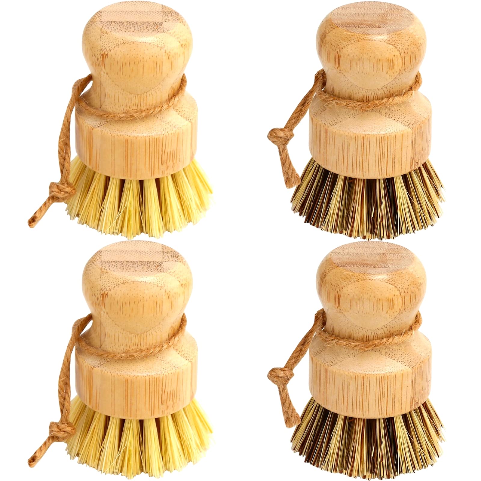 Bamboo Dish Brush Set, 4 Pcs Palm Wooden Dish Scrubber Brush, Dish Brushes, Durable Wood Dishes Scrub Brush, Natural Round Veget