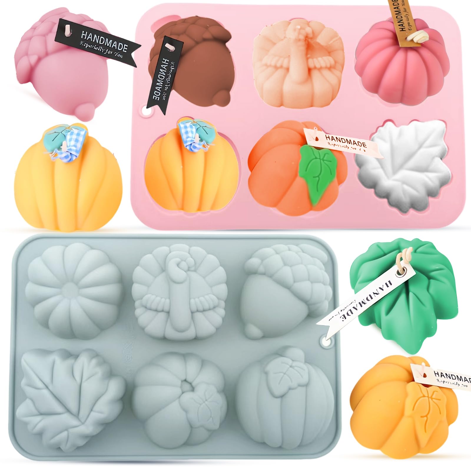 2-Pack Thick Thanksgiving Silicone Molds - 6-Cavity Non-Stick Fall Baking Molds with Turkey, Pumpkin, Pinecone, Leaves - DIY Cho