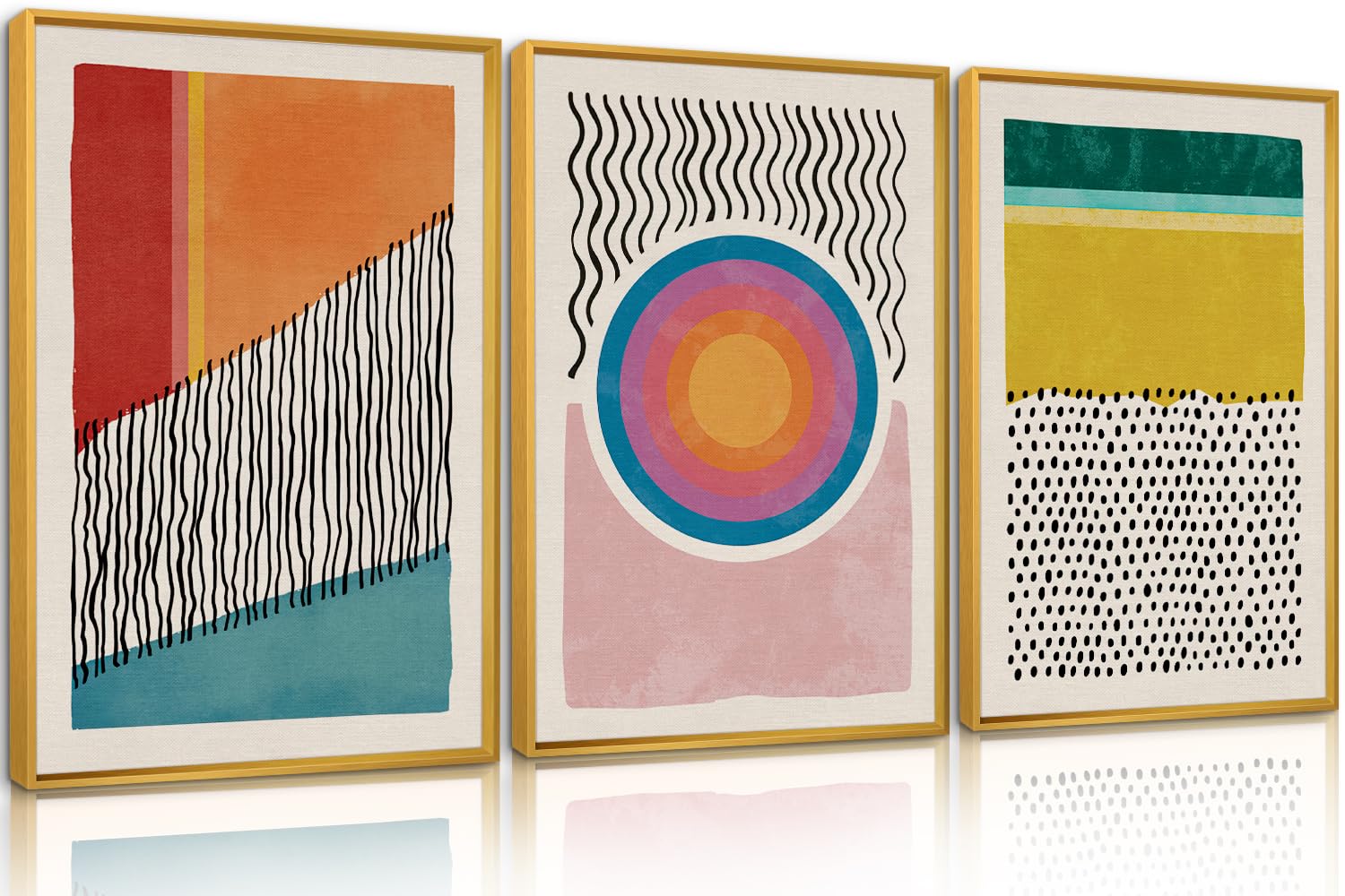 Hpinub Boho Framed Canvas Prints Wall Art Set, Mid-Century Abstract Color Block Shape Wall Decor, Geometric Illustrations Art Ph