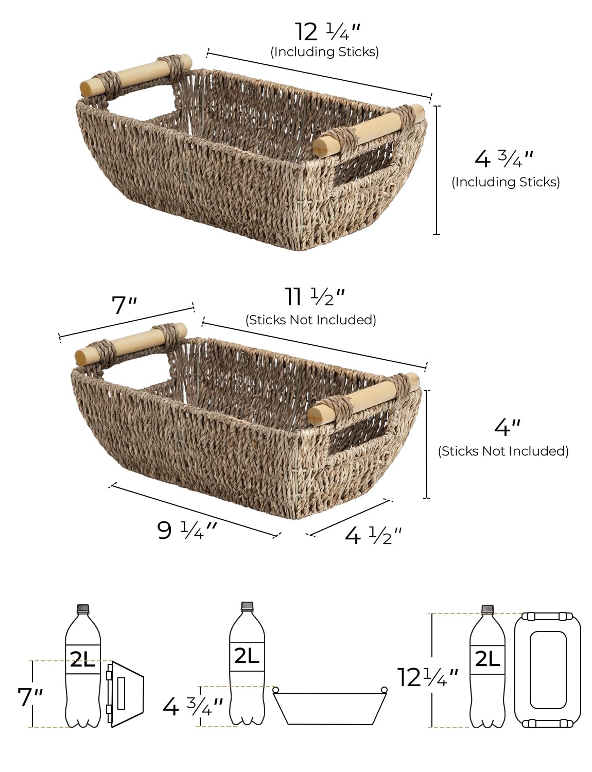 StorageWorks Small Wicker Baskets  Handwoven Baskets for Storage  Seagrass Rattan Baskets with Wooden Handles  2-Pack