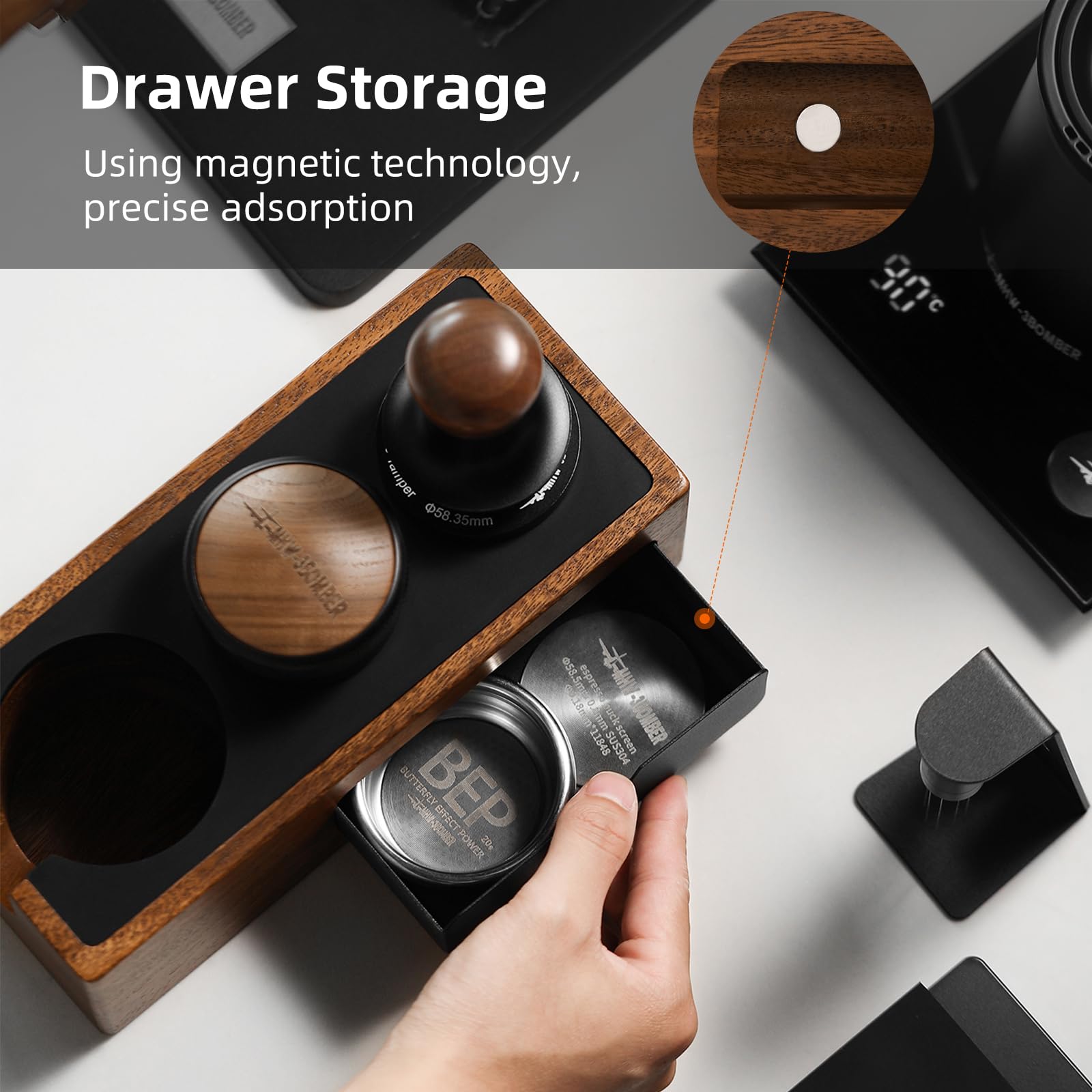 Mhw-3Bomber Espresso Tamping Station, 4 In 1 Walnut Espresso Organizer Box With Magnetic Drawer For Storage 51Mm, 54Mm, 58Mm Esp