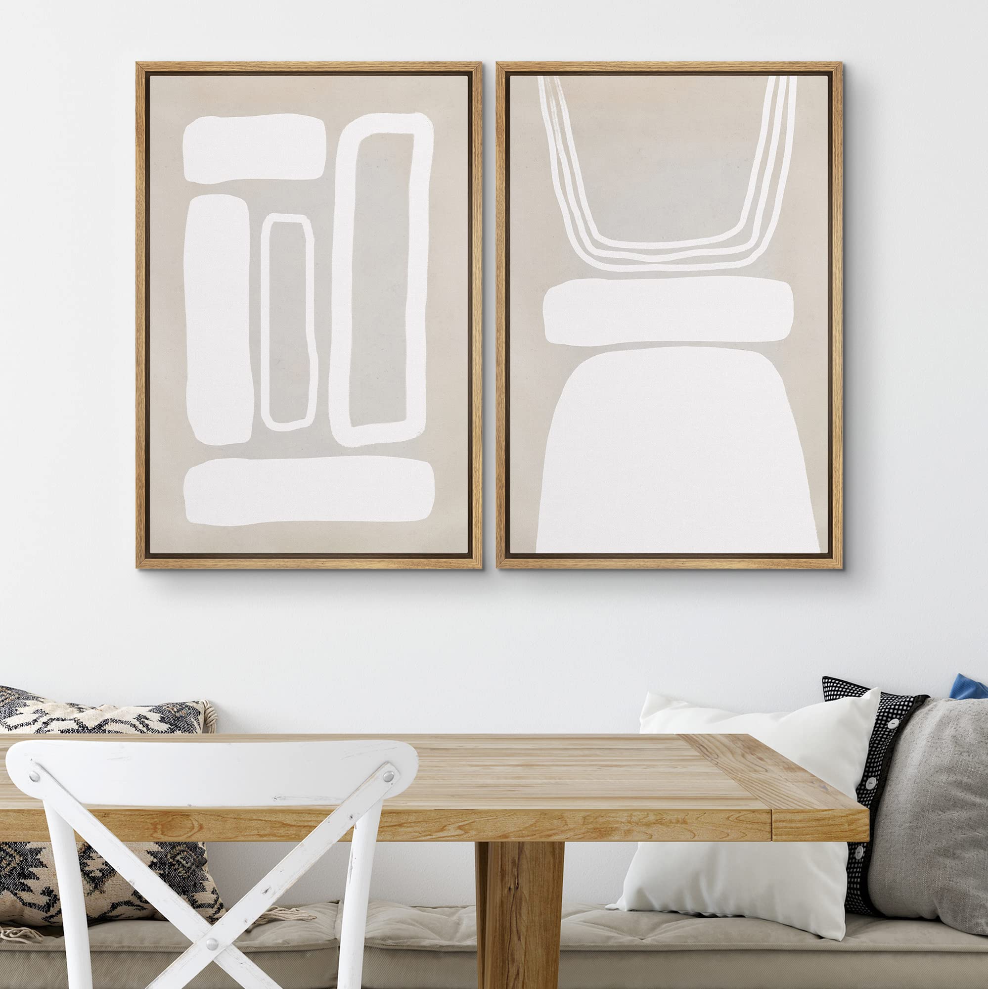 SIGNWIN Framed Canvas Print Wall Art Set Retro 1960s Geometric Figure Collage Abstract Shape Cozy Neutral Modern Art Decorative Nordic Multicolor for Living Room  Bedroom  Office - 16''x24''x2 Natural