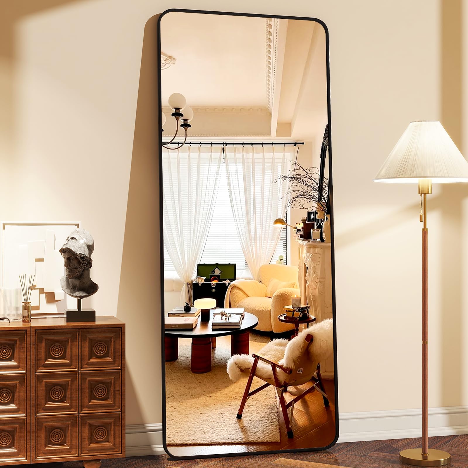 XRAMFY 64x21 Floor Full Length Mirror Standing Full Body Rounded Corner Rectangle Mirrors with Stand Hanging Wall Mounted Leanin
