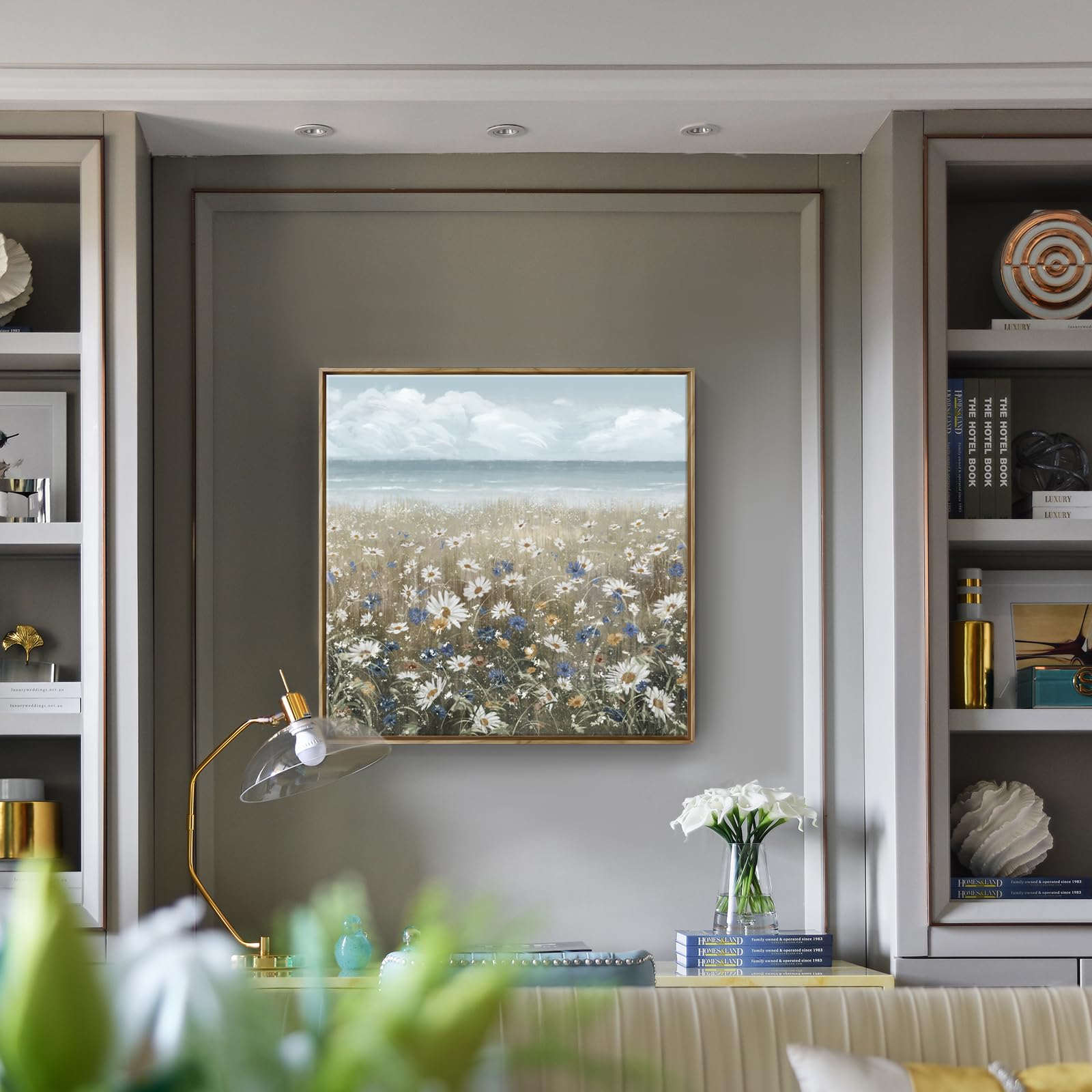 Framed Wall Art For Bedroom D  Cor Farmhouse Boho Beach Coastal Vintage Floral Ocean Wall Picture Daisy Flowers Sea Canvas Print