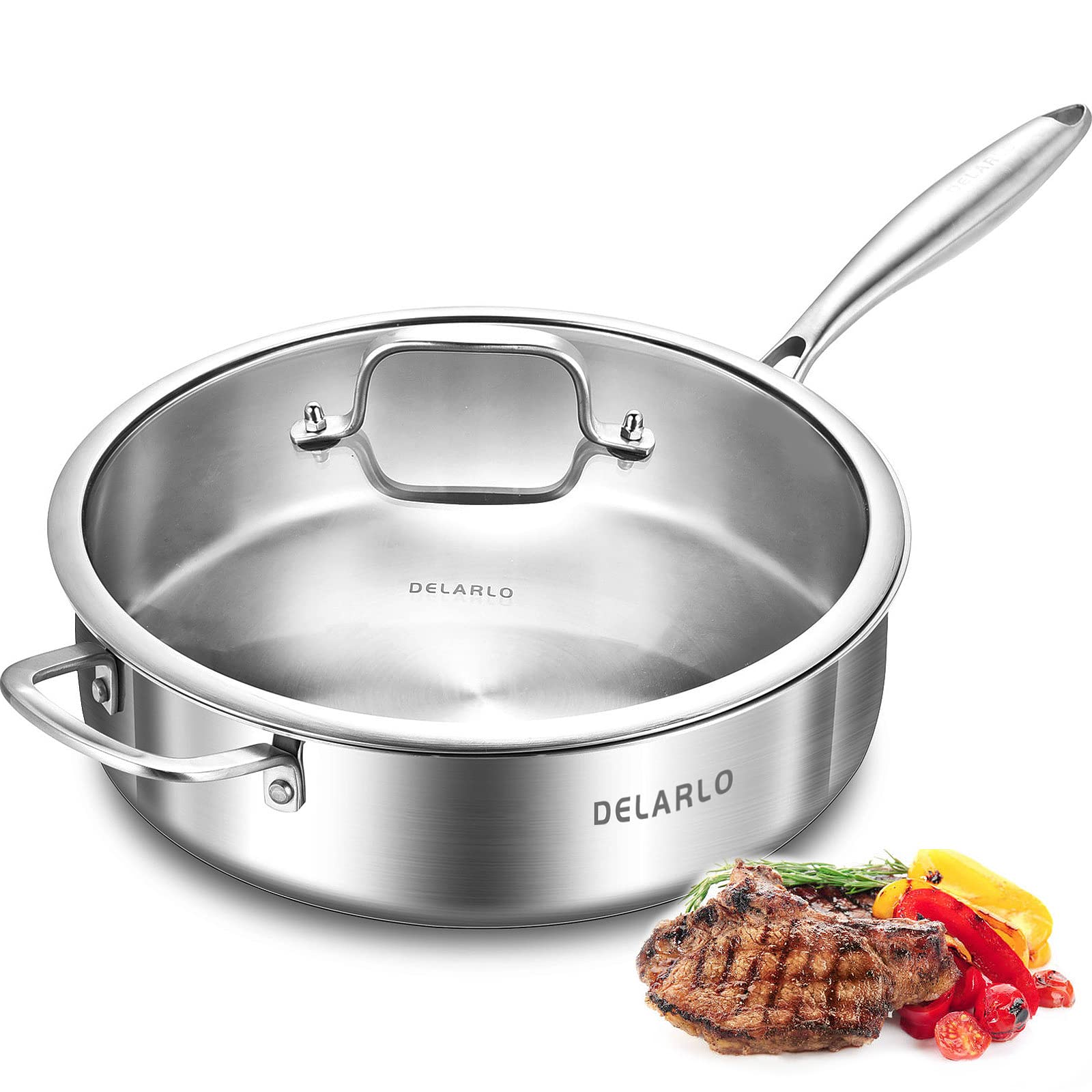 Delarlo Tri-Ply Stainless Steel Saut Pan With Lid,6 Quarts Saute Pan Deep Frying Pan, Induction Compatible Chef Cooking Pan, Dis