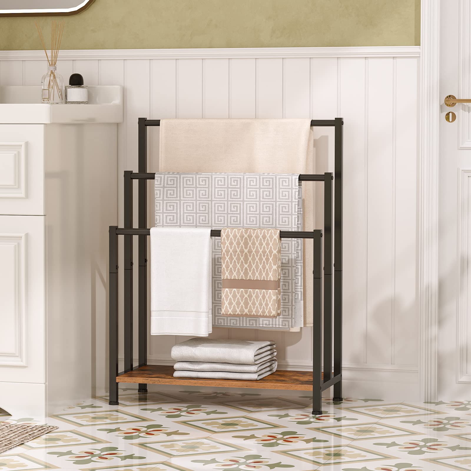 Hoobro Free Standing Towel Rack, 3 Tier Blanket Rack, Blanket Holder For Bathroom, 23.6'' L X 11'' W X 31.9'' H, Industrial Meta