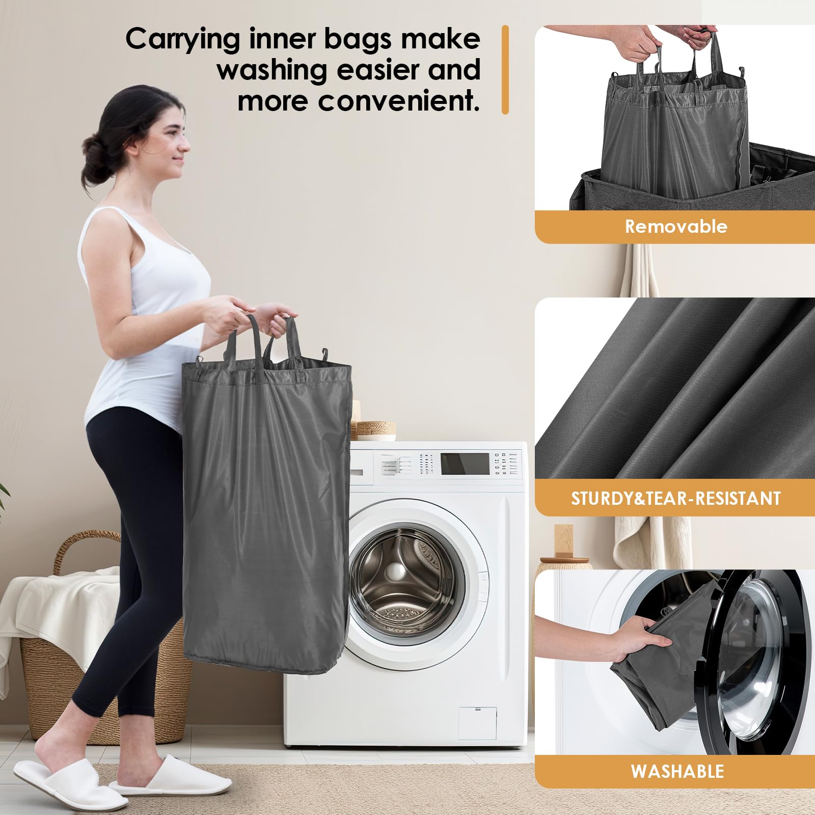 160L Laundry Hamper 3 Section, Dirty Clothes Hamper With Lid For Laundry, Large Laundry Basket With Removable Bags & Labels For