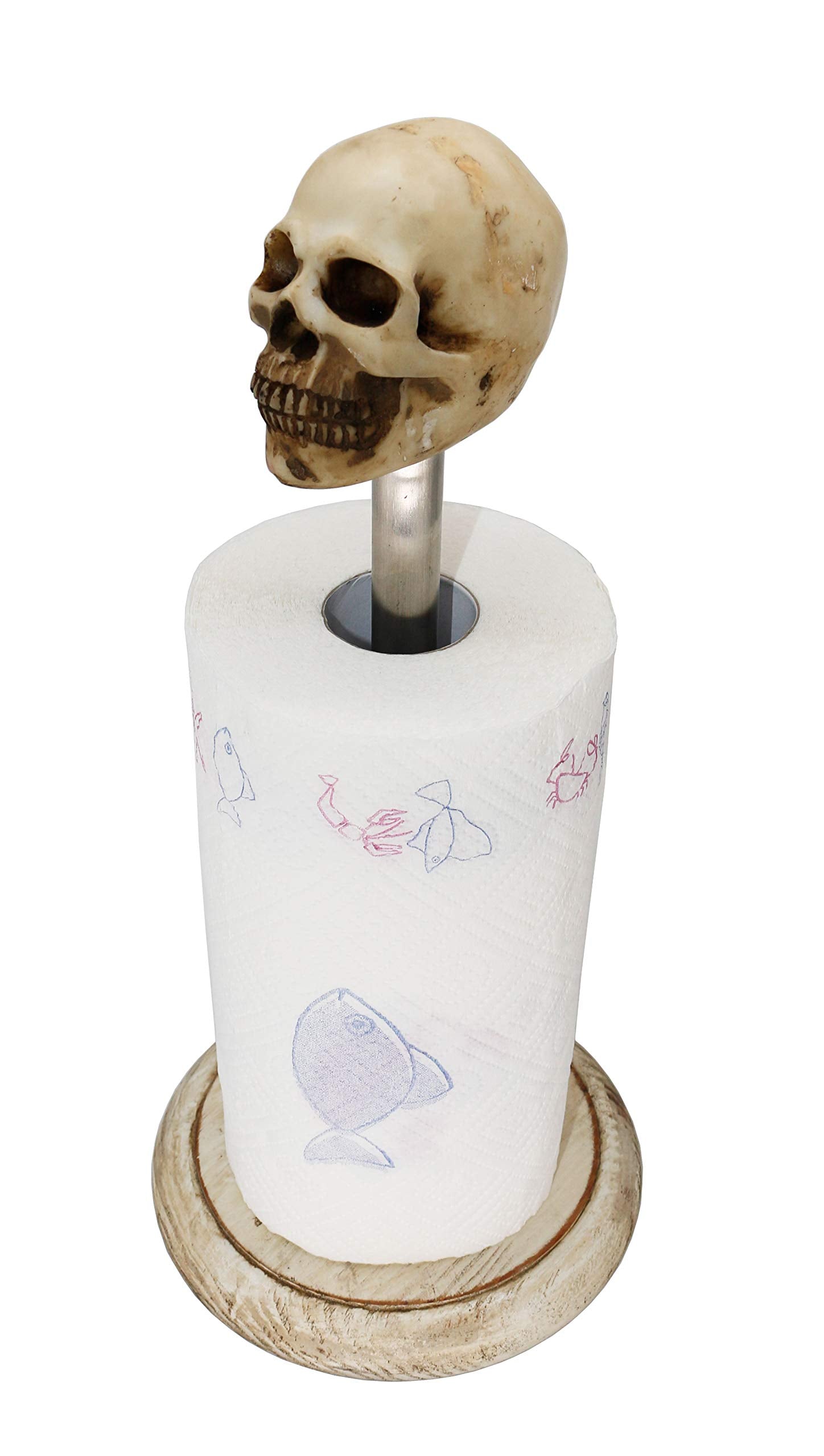 Rustic White Wood Skull Stand Up Paper Towel Holder, Easy One-Handed Tear Kitchen Paper Towel Dispenser With Weighted Base For S